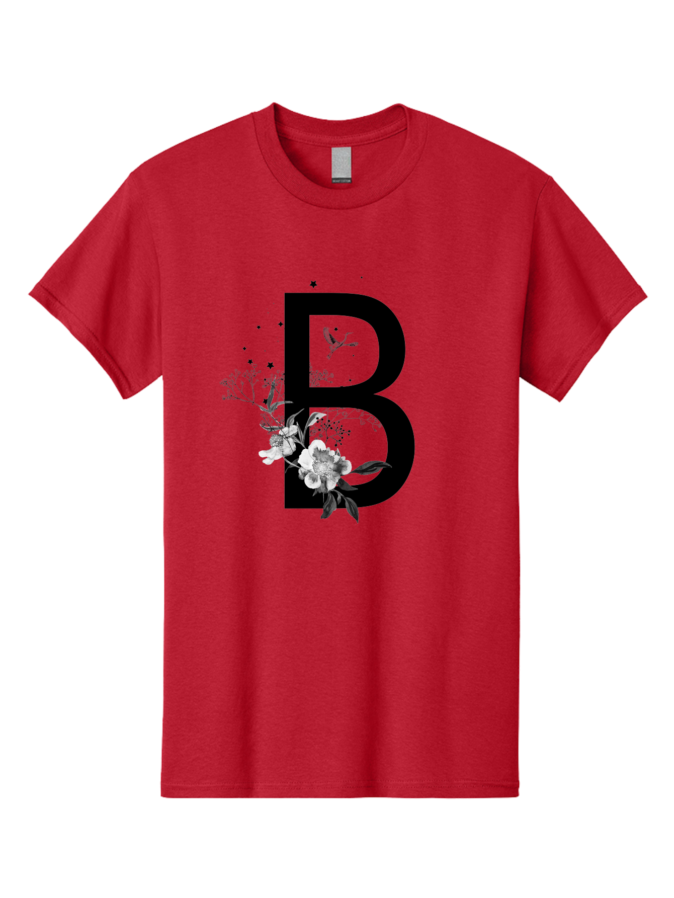 B Men'S Graphic Tee, 100% Cotton, Comfortable Casual Summer Wear, Machine Washable, Large Letter B, Floral Design, White Flowers, Hummingbird, Black Silhouette, Whimsical Illustration, Botanical Art, Black Stars Aac290