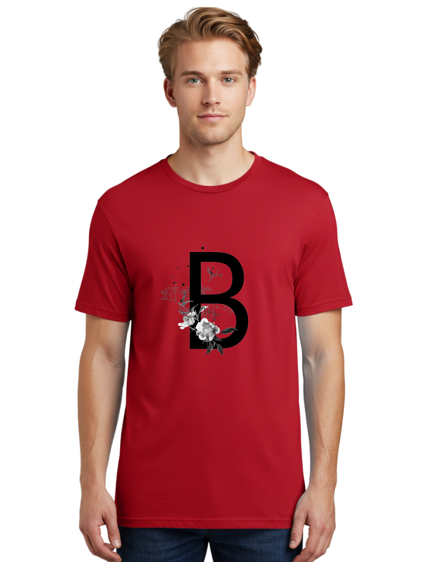 B Men'S Graphic Tee, 100% Cotton, Comfortable Casual Summer Wear, Machine Washable, Large Letter B, Floral Design, White Flowers, Hummingbird, Black Silhouette, Whimsical Illustration, Botanical Art, Black Stars Aac290