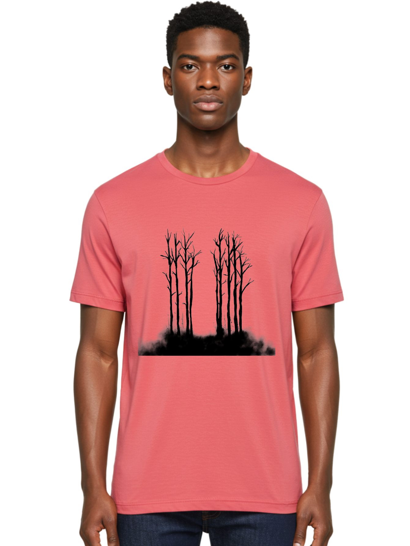 Bare-Trees-1 Men'S Graphic Tee, 100% Cotton, Comfortable Casual Summer Wear, Machine Washable, Bare Trees, Silhouette Art, Black Trees, Leafless Branches, Minimalist Design, Eerie Atmosphere, Dramatic Shadows Aac292