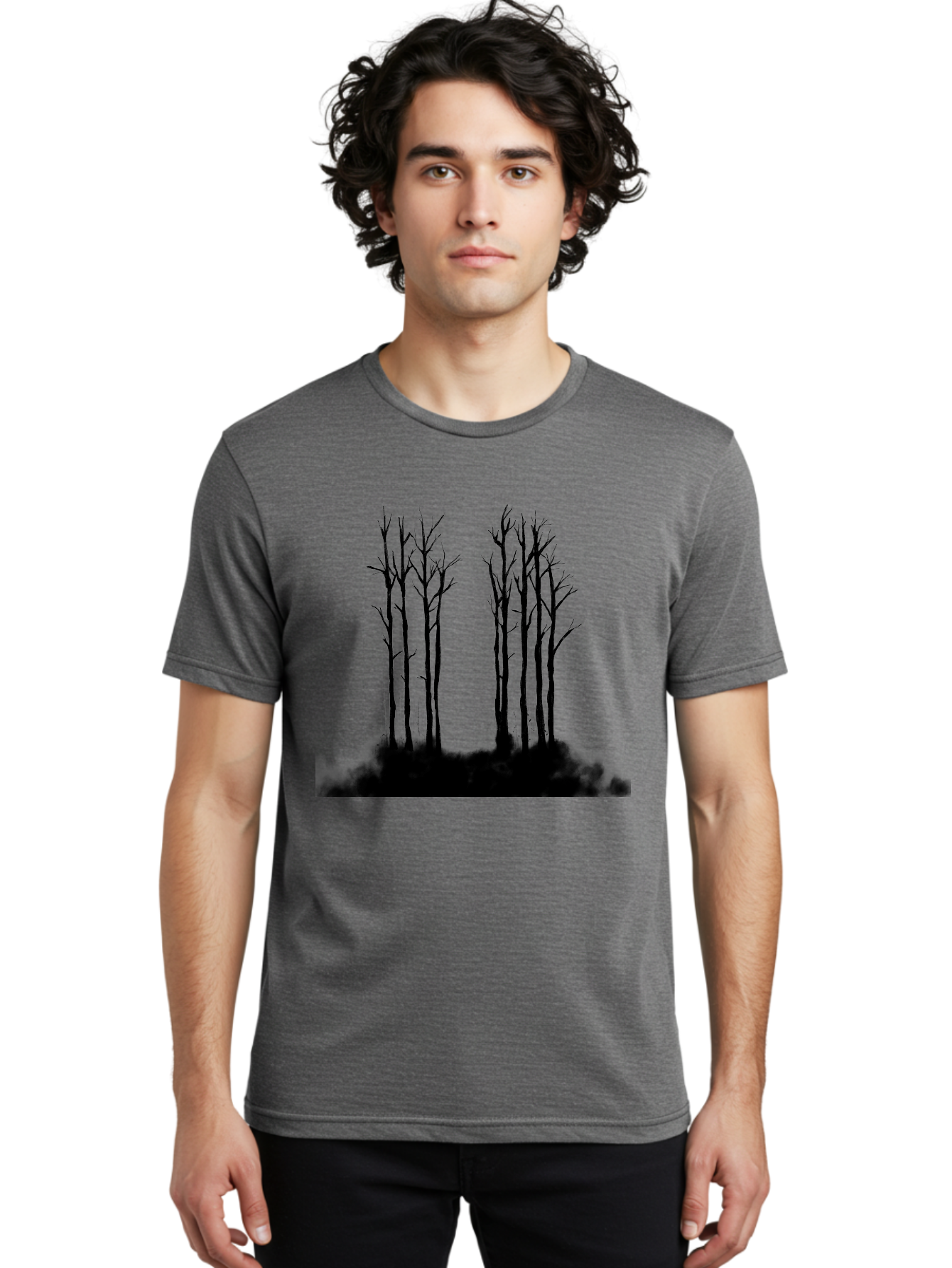 Bare-Trees-1 Men'S Graphic Tee, 100% Cotton, Comfortable Casual Summer Wear, Machine Washable, Bare Trees, Silhouette Art, Black Trees, Leafless Branches, Minimalist Design, Eerie Atmosphere, Dramatic Shadows Aac292