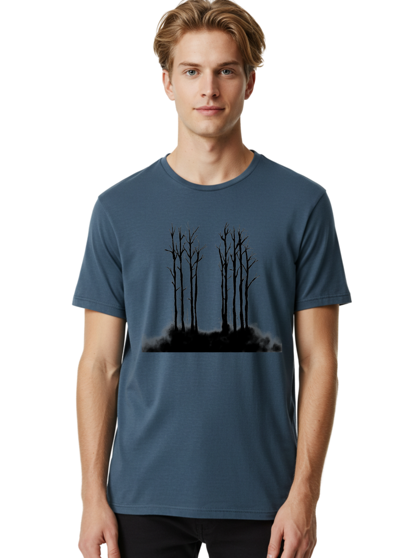 Bare-Trees-1 Men'S Graphic Tee, 100% Cotton, Comfortable Casual Summer Wear, Machine Washable, Bare Trees, Silhouette Art, Black Trees, Leafless Branches, Minimalist Design, Eerie Atmosphere, Dramatic Shadows Aac292