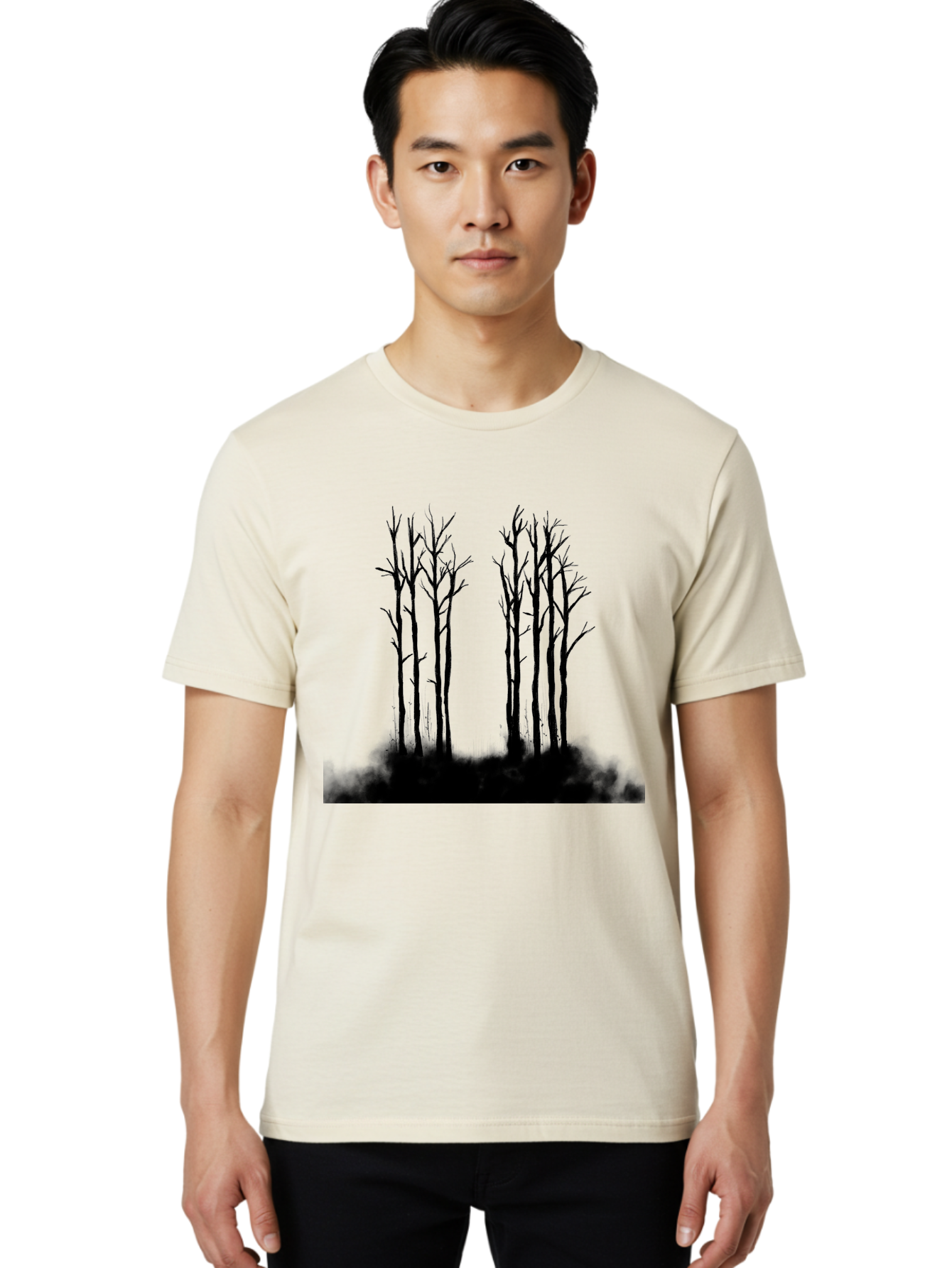Bare-Trees-1 Men'S Graphic Tee, 100% Cotton, Comfortable Casual Summer Wear, Machine Washable, Bare Trees, Silhouette Art, Black Trees, Leafless Branches, Minimalist Design, Eerie Atmosphere, Dramatic Shadows Aac292