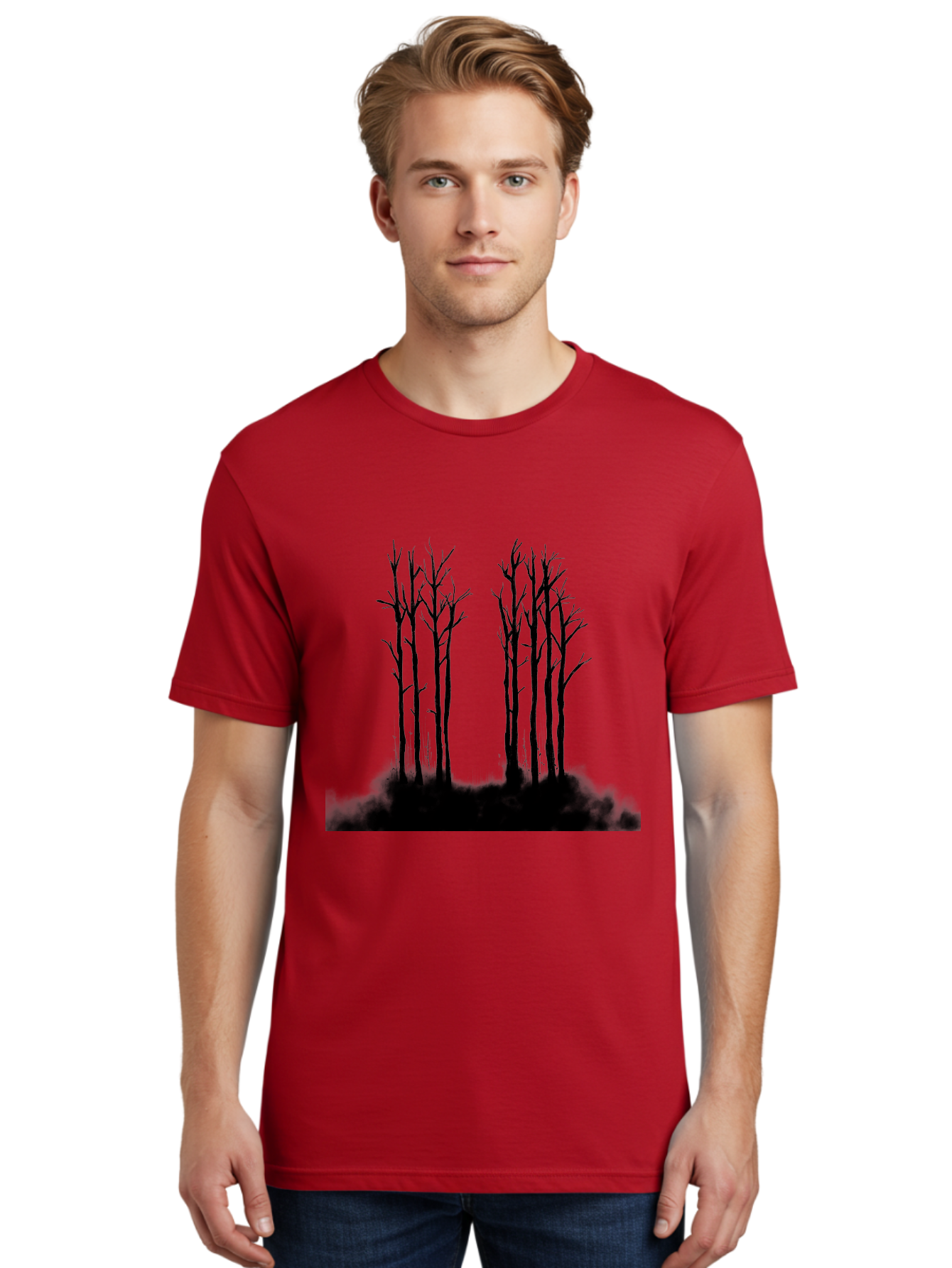 Bare-Trees-1 Men'S Graphic Tee, 100% Cotton, Comfortable Casual Summer Wear, Machine Washable, Bare Trees, Silhouette Art, Black Trees, Leafless Branches, Minimalist Design, Eerie Atmosphere, Dramatic Shadows Aac292