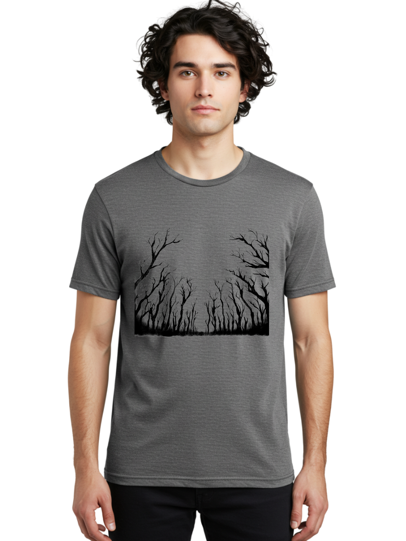 Bare-Trees Men'S Graphic Tee, 100% Cotton, Comfortable Casual Summer Wear, Machine Washable, Bare Trees, Black Silhouettes, Forest Landscape, Autumn Or Winter Scene, Dramatic Atmosphere, Mysterious Ambiance, Eerie Forest, Stark Beauty, Aac293