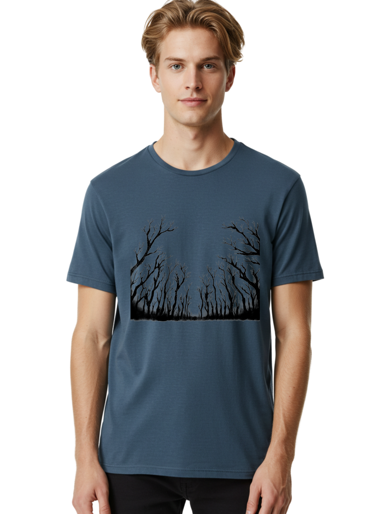 Bare-Trees Men'S Graphic Tee, 100% Cotton, Comfortable Casual Summer Wear, Machine Washable, Bare Trees, Black Silhouettes, Forest Landscape, Autumn Or Winter Scene, Dramatic Atmosphere, Mysterious Ambiance, Eerie Forest, Stark Beauty, Aac293