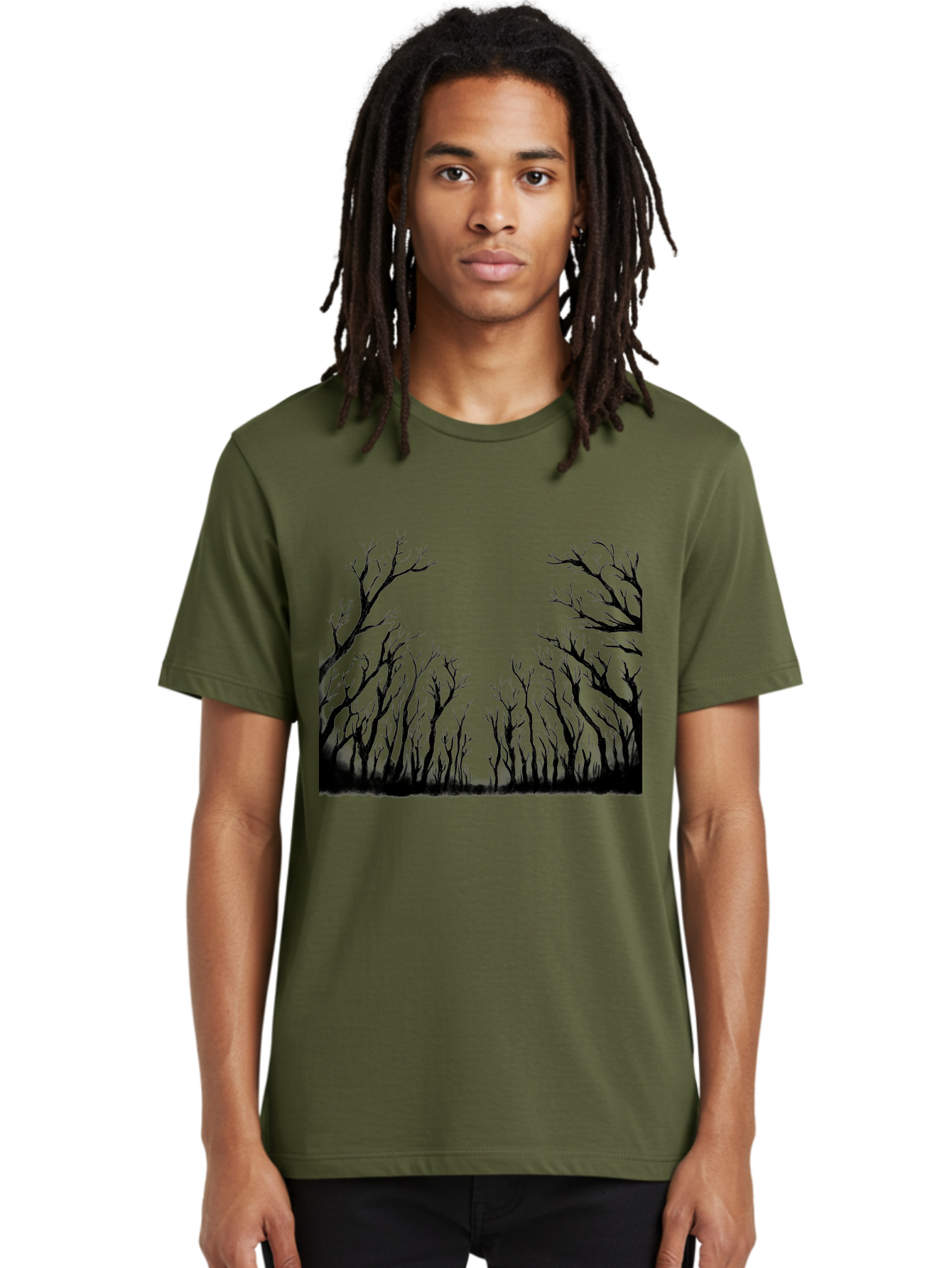 Bare-Trees Men'S Graphic Tee, 100% Cotton, Comfortable Casual Summer Wear, Machine Washable, Bare Trees, Black Silhouettes, Forest Landscape, Autumn Or Winter Scene, Dramatic Atmosphere, Mysterious Ambiance, Eerie Forest, Stark Beauty, Aac293