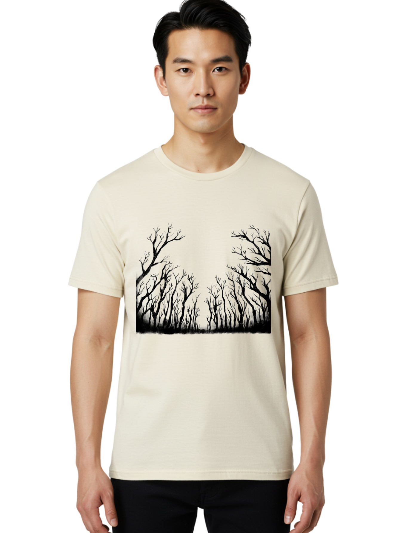 Bare-Trees Men'S Graphic Tee, 100% Cotton, Comfortable Casual Summer Wear, Machine Washable, Bare Trees, Black Silhouettes, Forest Landscape, Autumn Or Winter Scene, Dramatic Atmosphere, Mysterious Ambiance, Eerie Forest, Stark Beauty, Aac293