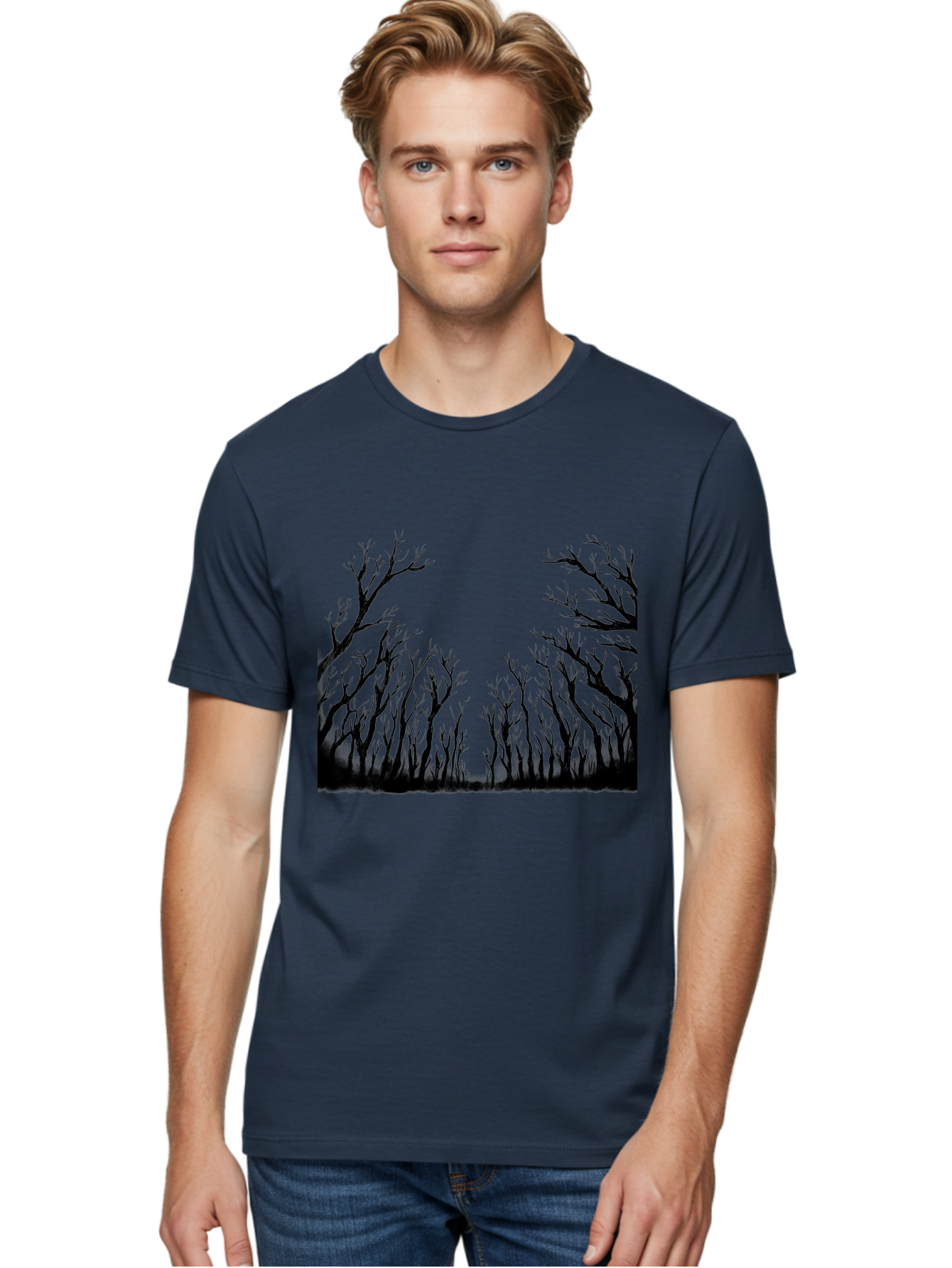 Bare-Trees Men'S Graphic Tee, 100% Cotton, Comfortable Casual Summer Wear, Machine Washable, Bare Trees, Black Silhouettes, Forest Landscape, Autumn Or Winter Scene, Dramatic Atmosphere, Mysterious Ambiance, Eerie Forest, Stark Beauty, Aac293