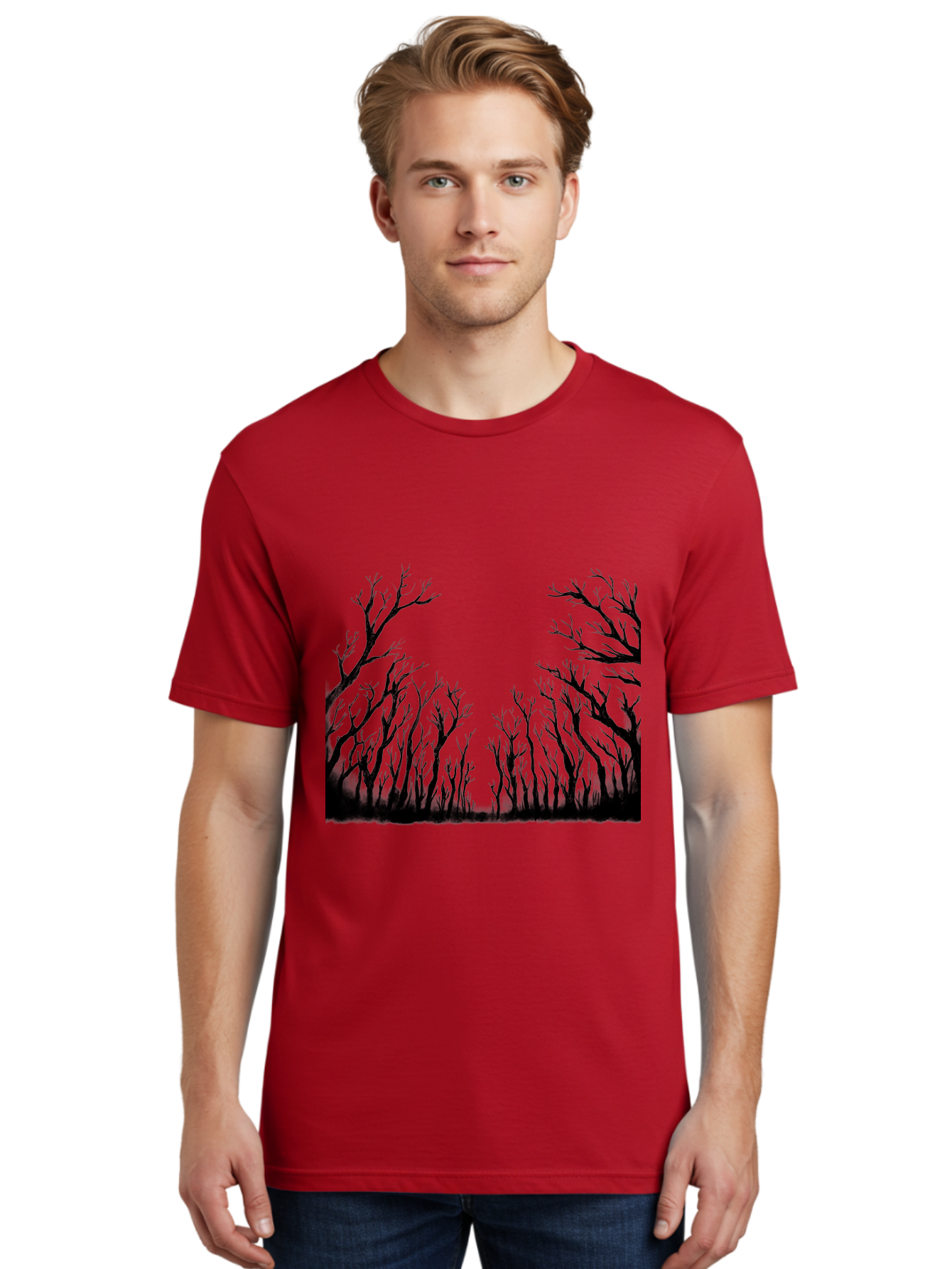 Bare-Trees Men'S Graphic Tee, 100% Cotton, Comfortable Casual Summer Wear, Machine Washable, Bare Trees, Black Silhouettes, Forest Landscape, Autumn Or Winter Scene, Dramatic Atmosphere, Mysterious Ambiance, Eerie Forest, Stark Beauty, Aac293