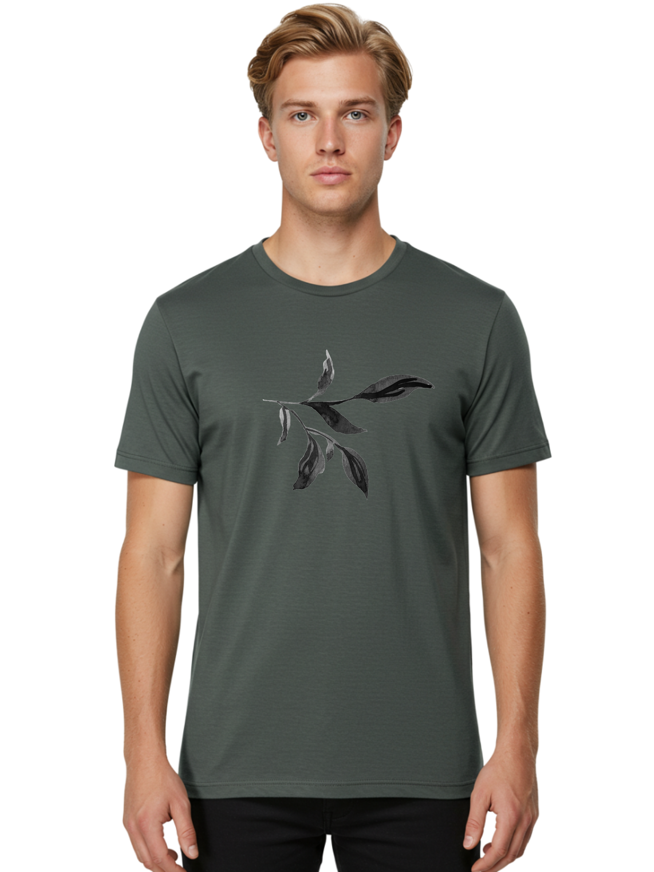 Black-Leaves Men'S Graphic Tee, 100% Cotton, Comfortable Casual Summer Wear, Machine Washable, Black Leaves, Foliage, Botanical Illustration, Leafy Branch, Dark Foliage, Minimalist Design, Simple Graphics, Nature-Inspired Art, Leaf Arrangement Aac294
