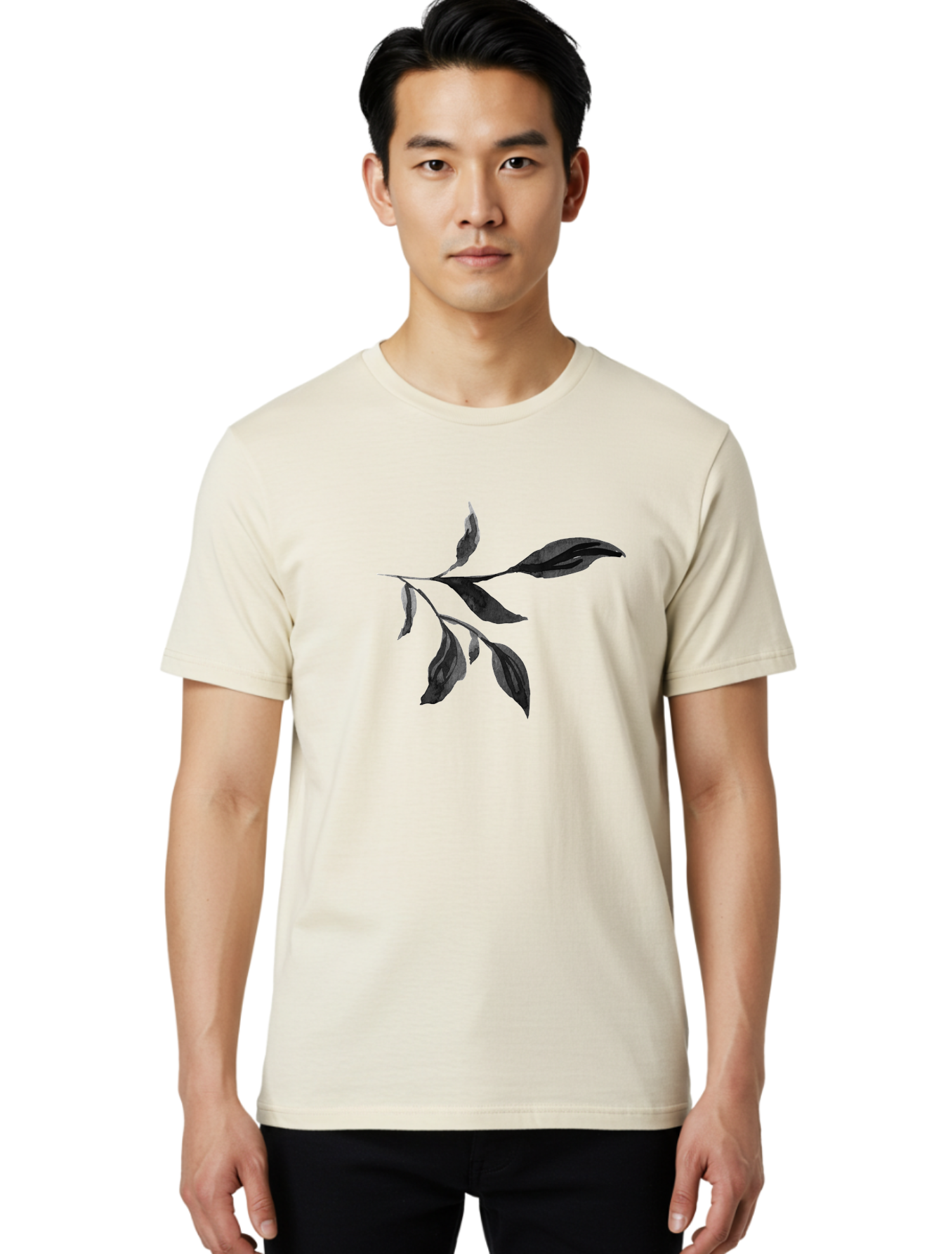 Black-Leaves Men'S Graphic Tee, 100% Cotton, Comfortable Casual Summer Wear, Machine Washable, Black Leaves, Foliage, Botanical Illustration, Leafy Branch, Dark Foliage, Minimalist Design, Simple Graphics, Nature-Inspired Art, Leaf Arrangement Aac294