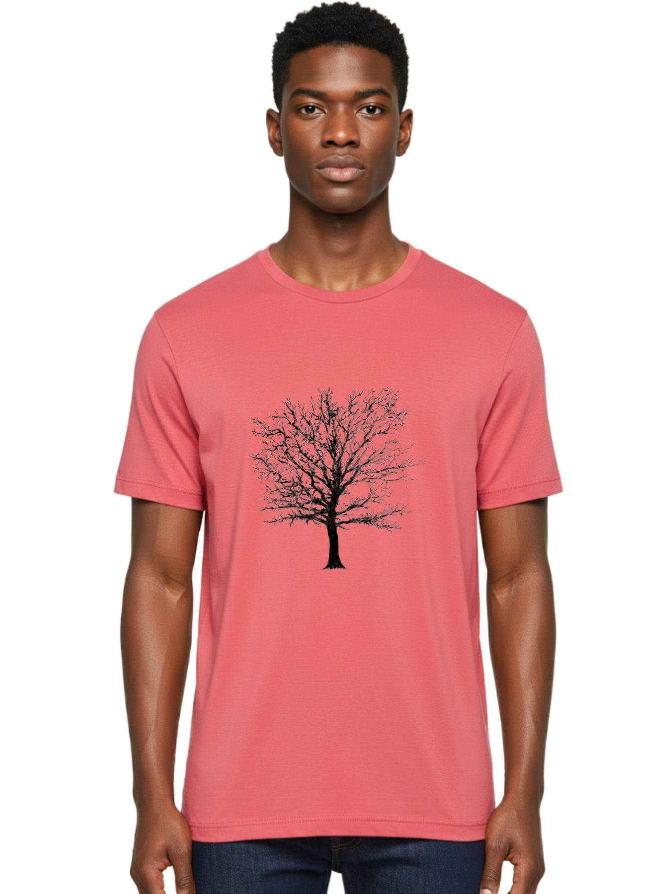 Black-Tree-Silhouette Men'S Graphic Tee, 100% Cotton, Comfortable Casual Summer Wear, Machine Washable, Bare Tree Silhouette, Winter Landscape, Barren Branches, Tree Without Leaves, Minimalist Design, Monochrome Tree, Natural Simplicity Aac295