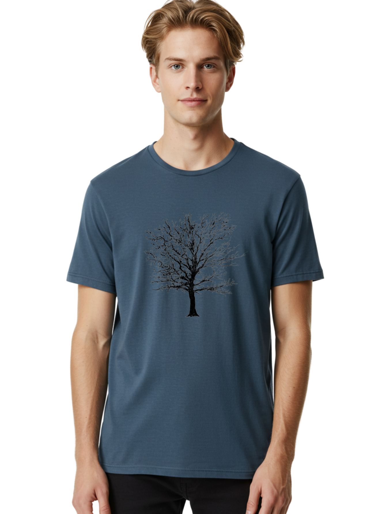 Black-Tree-Silhouette Men'S Graphic Tee, 100% Cotton, Comfortable Casual Summer Wear, Machine Washable, Bare Tree Silhouette, Winter Landscape, Barren Branches, Tree Without Leaves, Minimalist Design, Monochrome Tree, Natural Simplicity Aac295