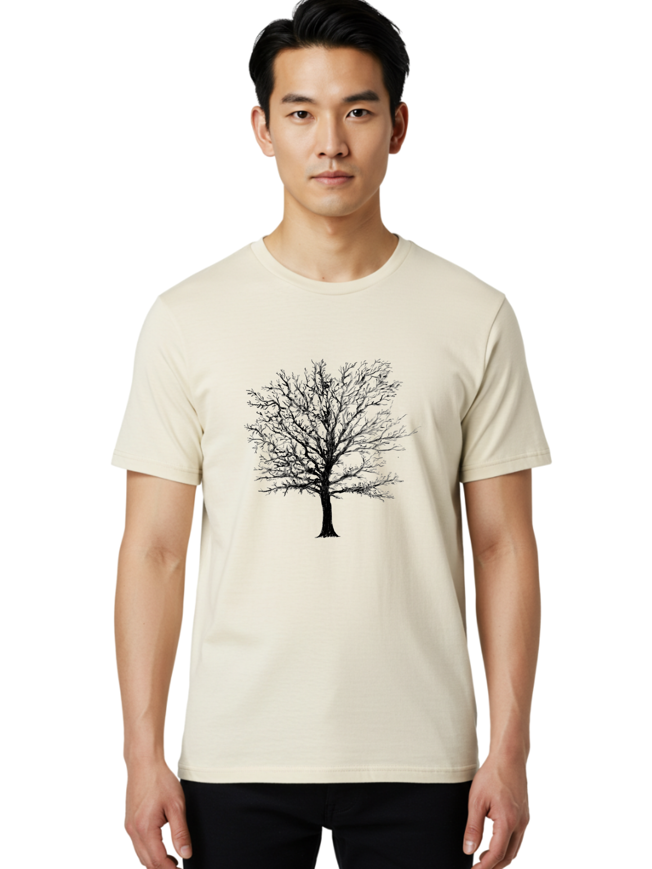 Black-Tree-Silhouette Men'S Graphic Tee, 100% Cotton, Comfortable Casual Summer Wear, Machine Washable, Bare Tree Silhouette, Winter Landscape, Barren Branches, Tree Without Leaves, Minimalist Design, Monochrome Tree, Natural Simplicity Aac295