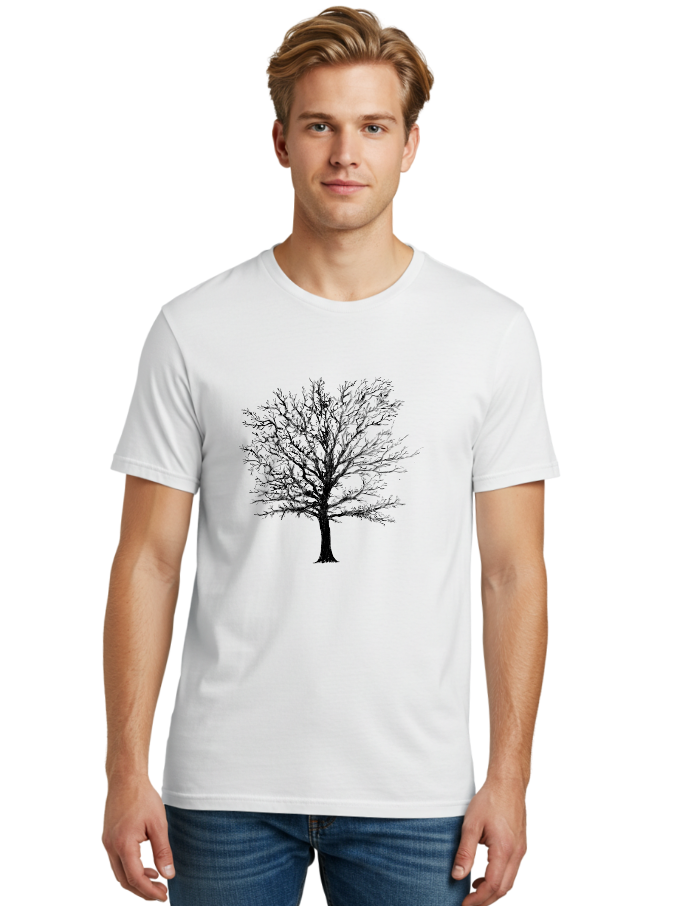 Black-Tree-Silhouette Men'S Graphic Tee, 100% Cotton, Comfortable Casual Summer Wear, Machine Washable, Bare Tree Silhouette, Winter Landscape, Barren Branches, Tree Without Leaves, Minimalist Design, Monochrome Tree, Natural Simplicity Aac295