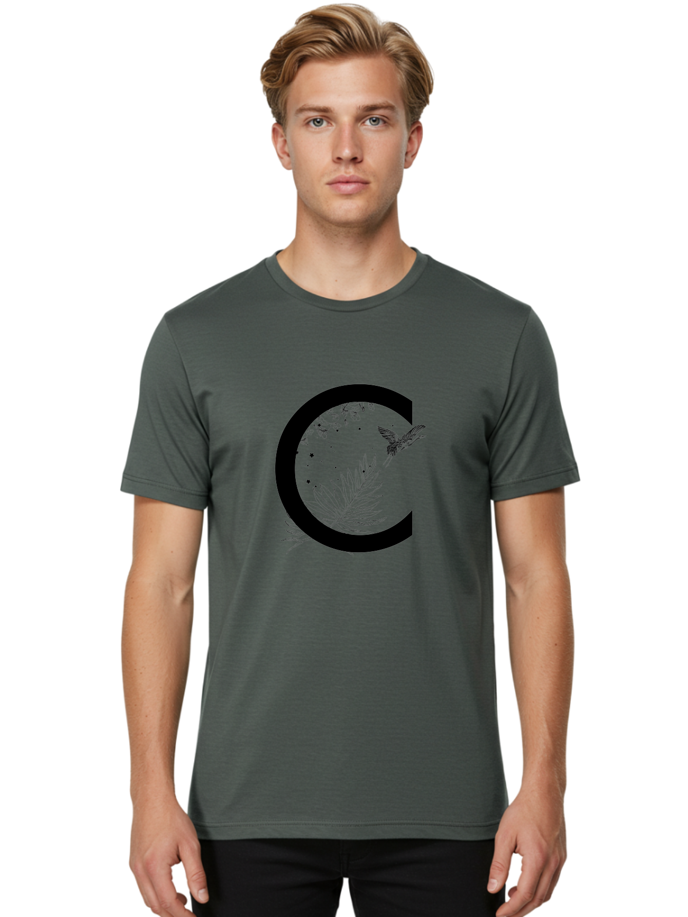 C Men'S Graphic Tee, 100% Cotton, Comfortable Casual Summer Wear, Machine Washable, Stylized Letter C, Black Logo, Floral Designs, Hummingbird, Leaves, Botanical Elements, Artistic Typography, Monochrome Illustration, Nature-Inspired Graphics Aac297
