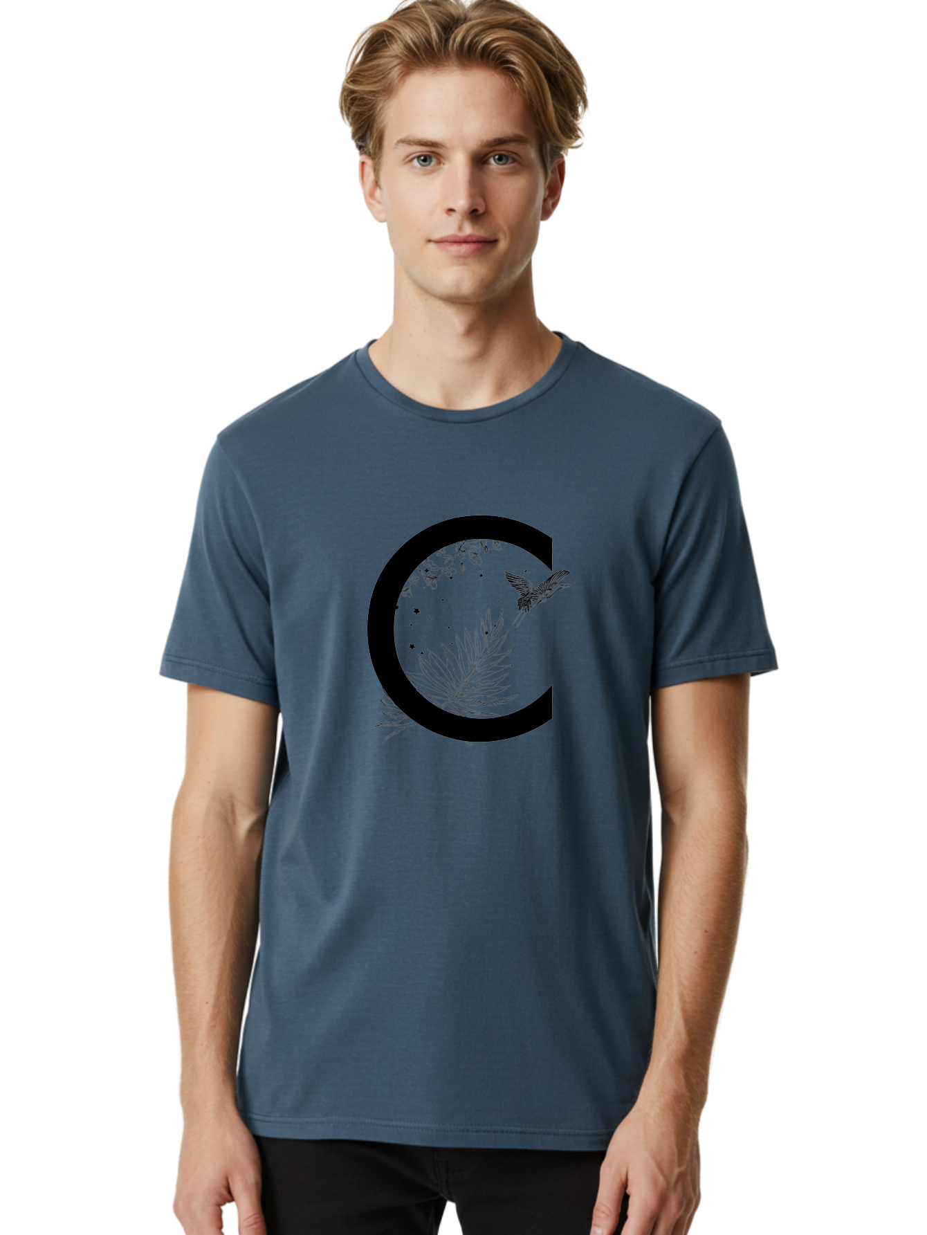 C Men'S Graphic Tee, 100% Cotton, Comfortable Casual Summer Wear, Machine Washable, Stylized Letter C, Black Logo, Floral Designs, Hummingbird, Leaves, Botanical Elements, Artistic Typography, Monochrome Illustration, Nature-Inspired Graphics Aac297
