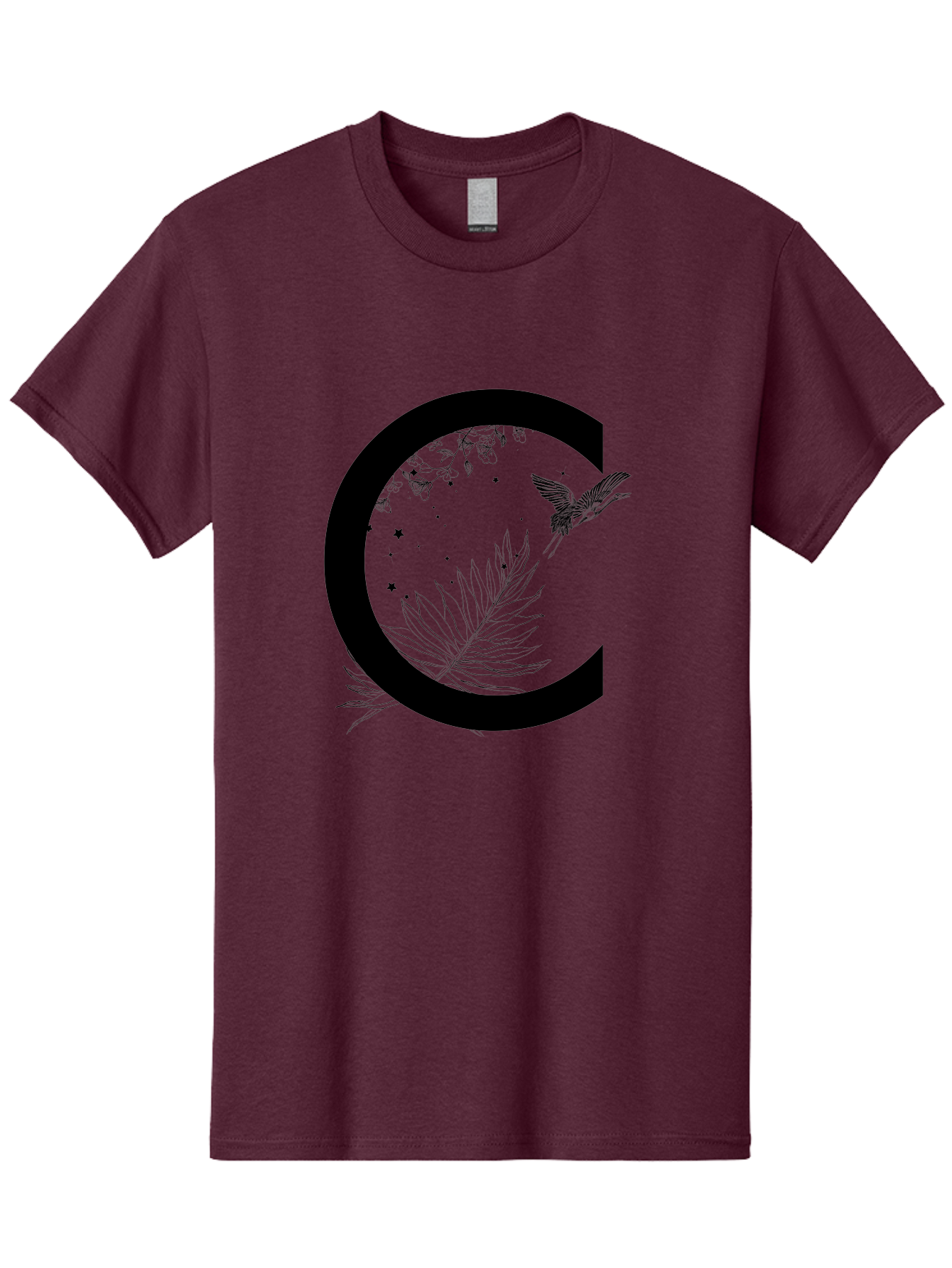 C Men'S Graphic Tee, 100% Cotton, Comfortable Casual Summer Wear, Machine Washable, Stylized Letter C, Black Logo, Floral Designs, Hummingbird, Leaves, Botanical Elements, Artistic Typography, Monochrome Illustration, Nature-Inspired Graphics Aac297