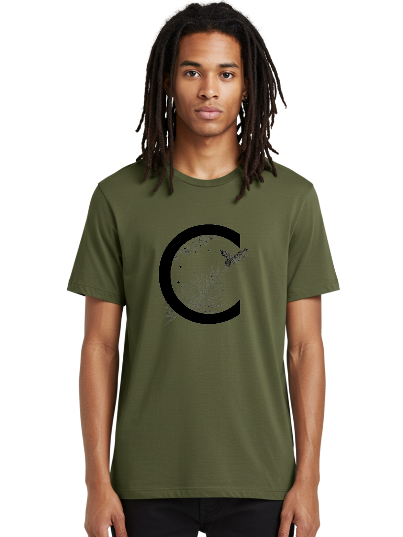 C Men'S Graphic Tee, 100% Cotton, Comfortable Casual Summer Wear, Machine Washable, Stylized Letter C, Black Logo, Floral Designs, Hummingbird, Leaves, Botanical Elements, Artistic Typography, Monochrome Illustration, Nature-Inspired Graphics Aac297
