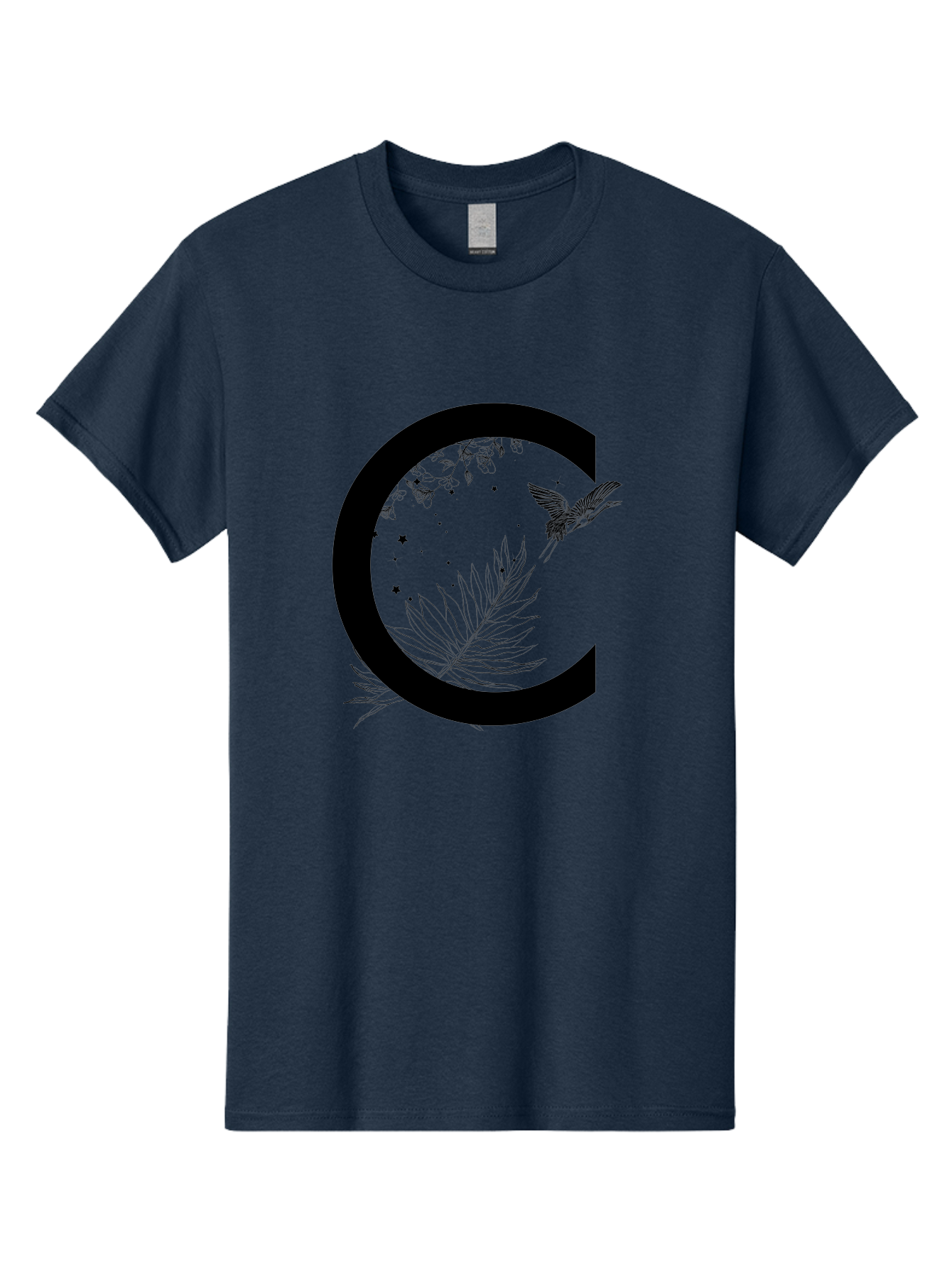 C Men'S Graphic Tee, 100% Cotton, Comfortable Casual Summer Wear, Machine Washable, Stylized Letter C, Black Logo, Floral Designs, Hummingbird, Leaves, Botanical Elements, Artistic Typography, Monochrome Illustration, Nature-Inspired Graphics Aac297