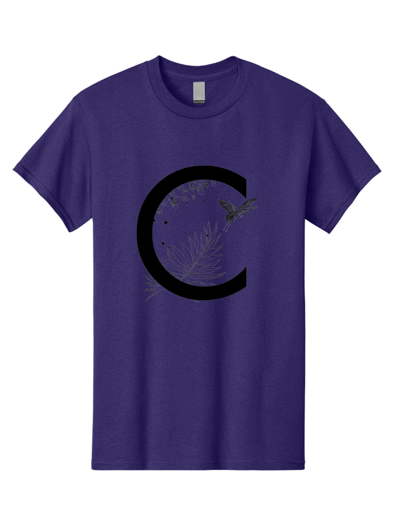 C Men'S Graphic Tee, 100% Cotton, Comfortable Casual Summer Wear, Machine Washable, Stylized Letter C, Black Logo, Floral Designs, Hummingbird, Leaves, Botanical Elements, Artistic Typography, Monochrome Illustration, Nature-Inspired Graphics Aac297