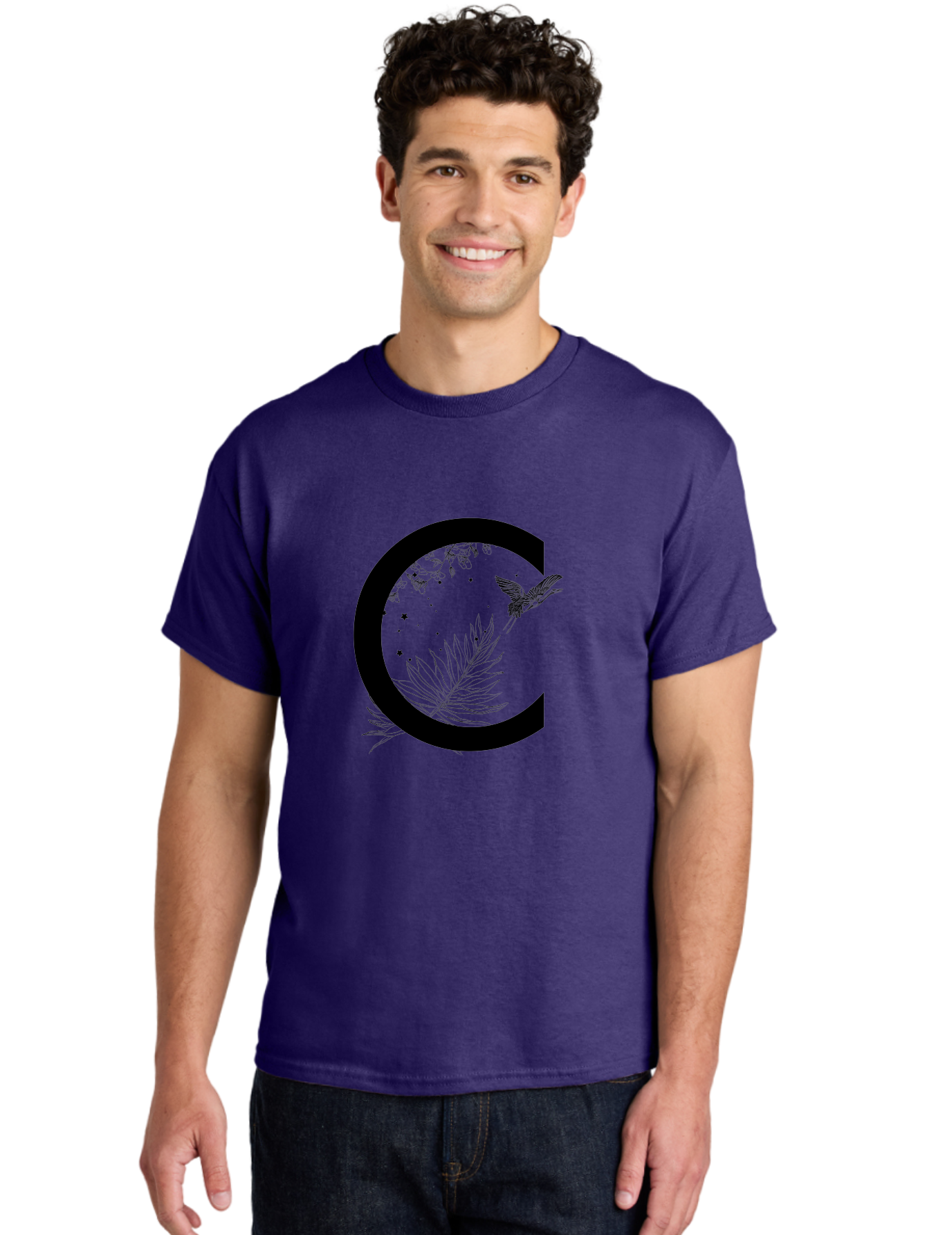 C Men'S Graphic Tee, 100% Cotton, Comfortable Casual Summer Wear, Machine Washable, Stylized Letter C, Black Logo, Floral Designs, Hummingbird, Leaves, Botanical Elements, Artistic Typography, Monochrome Illustration, Nature-Inspired Graphics Aac297