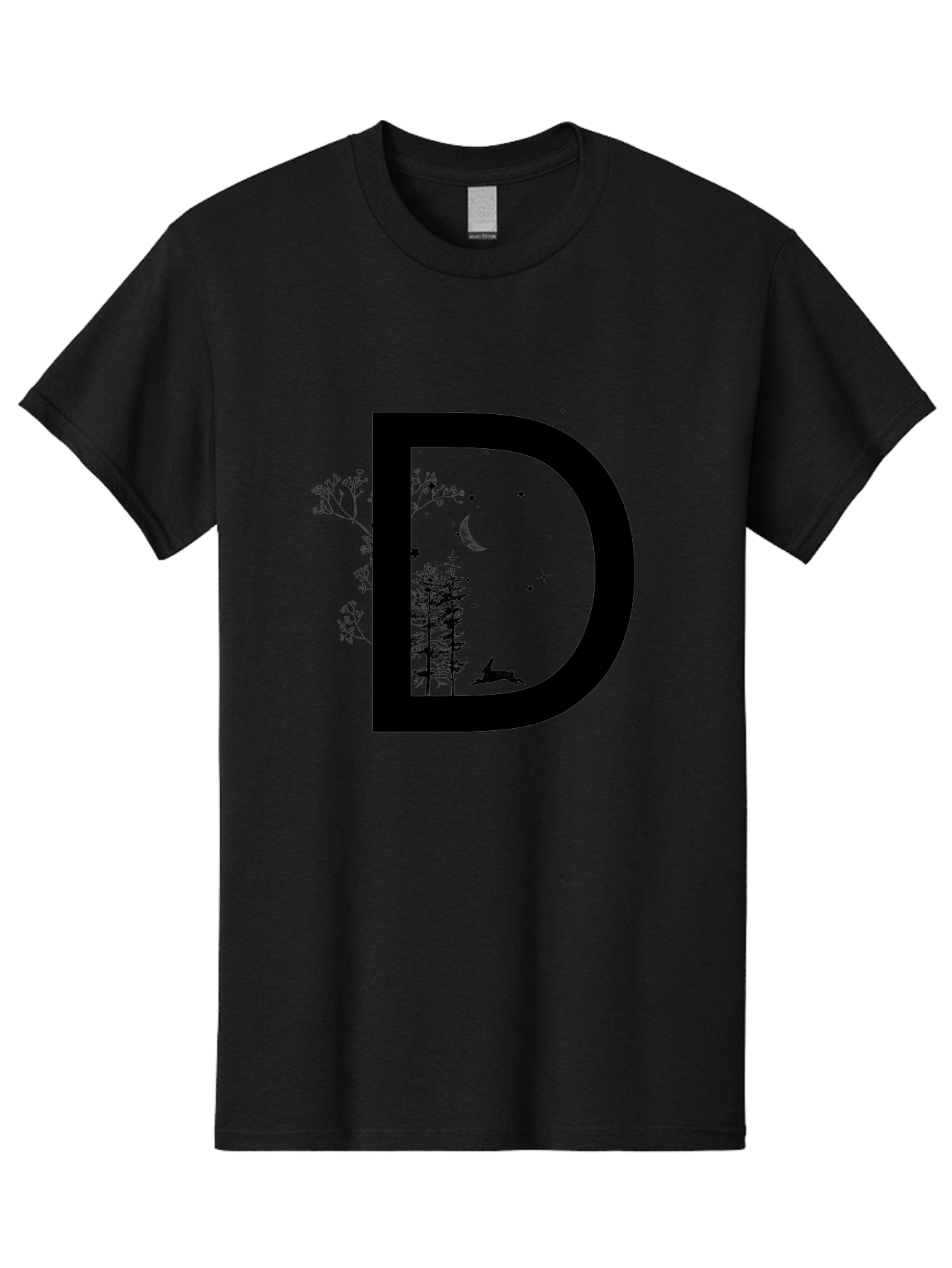 D Men'S Graphic Tee, 100% Cotton, Comfortable Casual Summer Wear, Machine Washable, Whimsical Letter D, Forest Silhouettes, Crescent Moon, Stars, Leaping Deer, Nighttime Scene, Dreamy Atmosphere, Typography Art, Mystical Elements, Aac300