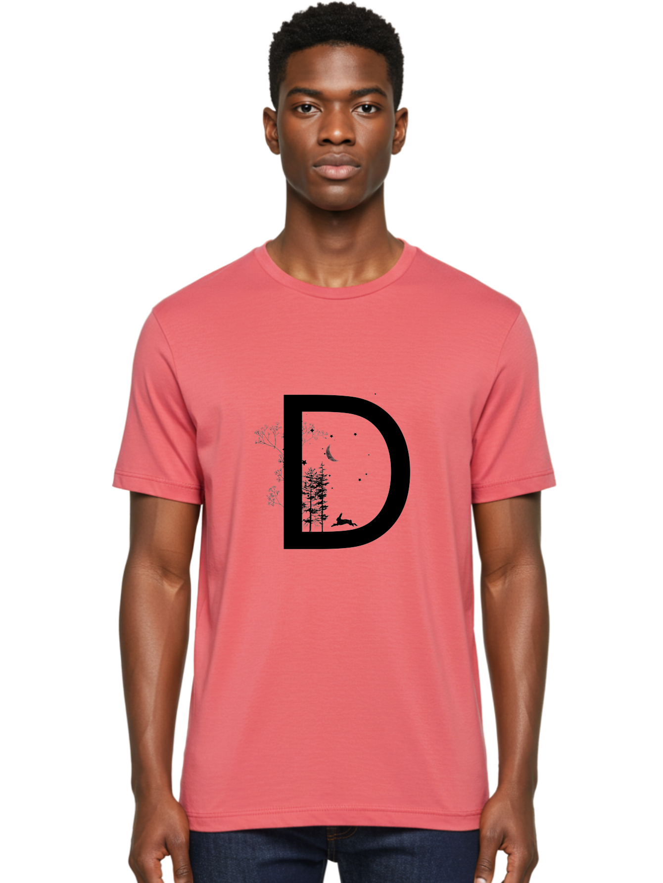 D Men'S Graphic Tee, 100% Cotton, Comfortable Casual Summer Wear, Machine Washable, Whimsical Letter D, Forest Silhouettes, Crescent Moon, Stars, Leaping Deer, Nighttime Scene, Dreamy Atmosphere, Typography Art, Mystical Elements, Aac300