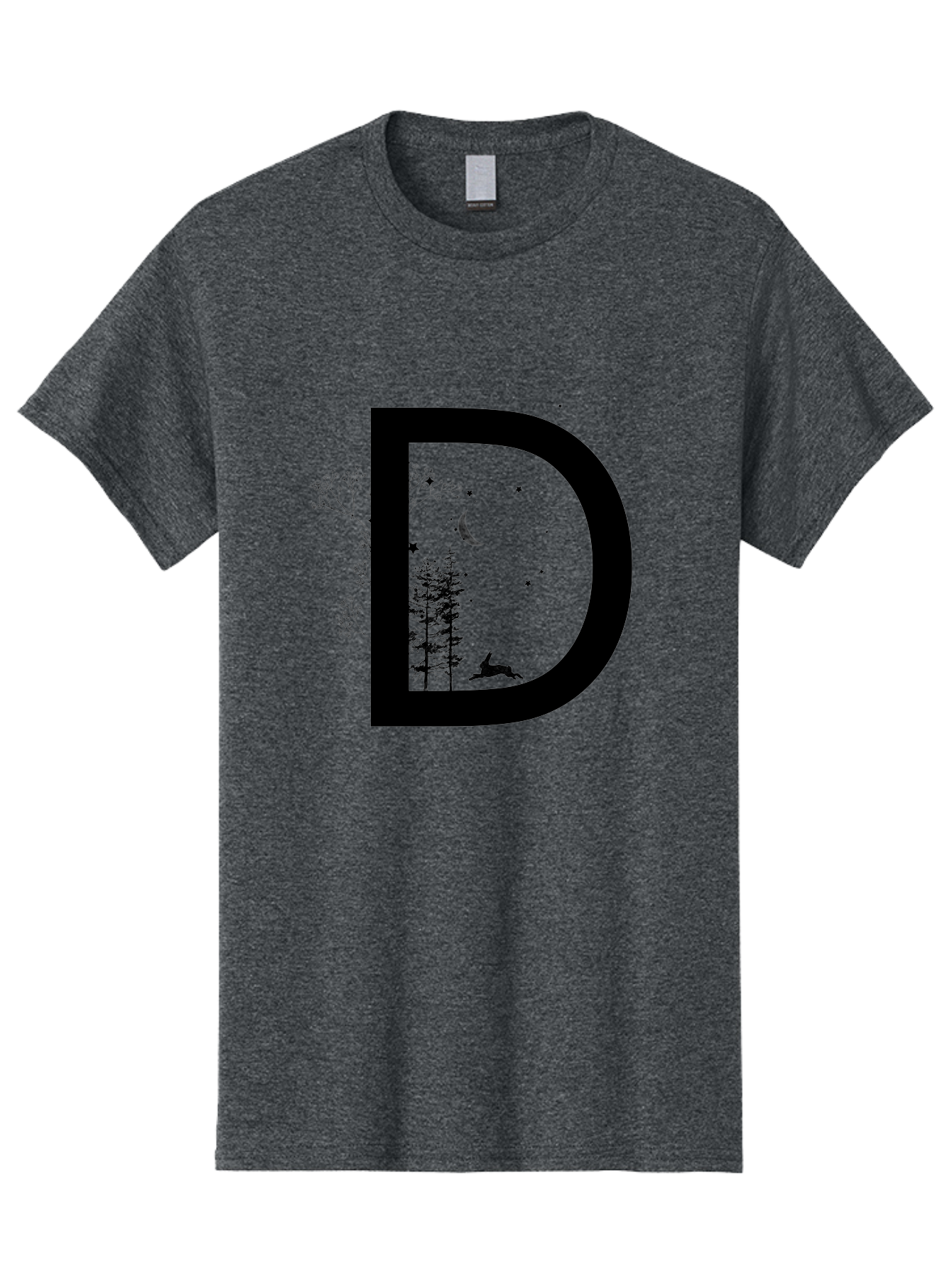 D Men'S Graphic Tee, 100% Cotton, Comfortable Casual Summer Wear, Machine Washable, Whimsical Letter D, Forest Silhouettes, Crescent Moon, Stars, Leaping Deer, Nighttime Scene, Dreamy Atmosphere, Typography Art, Mystical Elements, Aac300