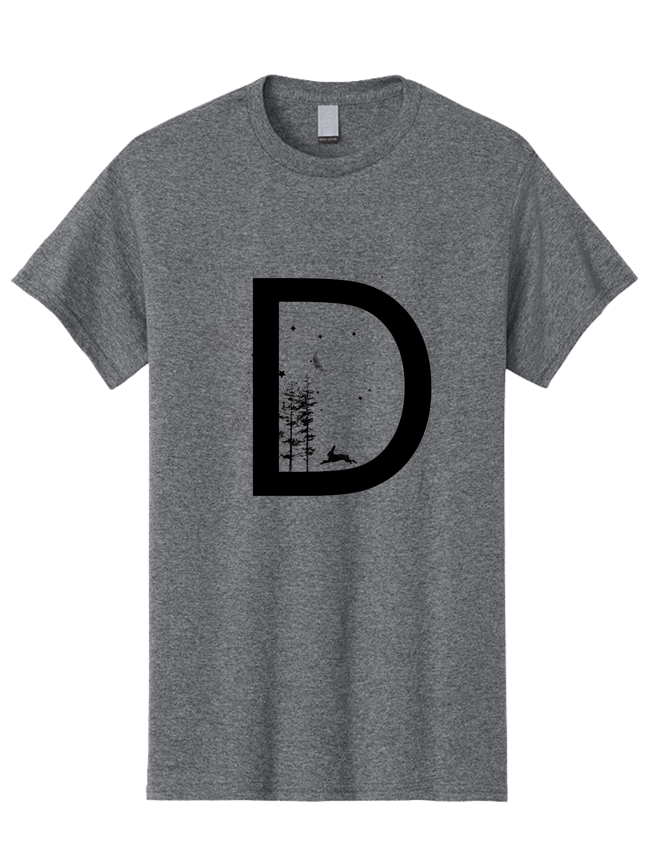 D Men'S Graphic Tee, 100% Cotton, Comfortable Casual Summer Wear, Machine Washable, Whimsical Letter D, Forest Silhouettes, Crescent Moon, Stars, Leaping Deer, Nighttime Scene, Dreamy Atmosphere, Typography Art, Mystical Elements, Aac300
