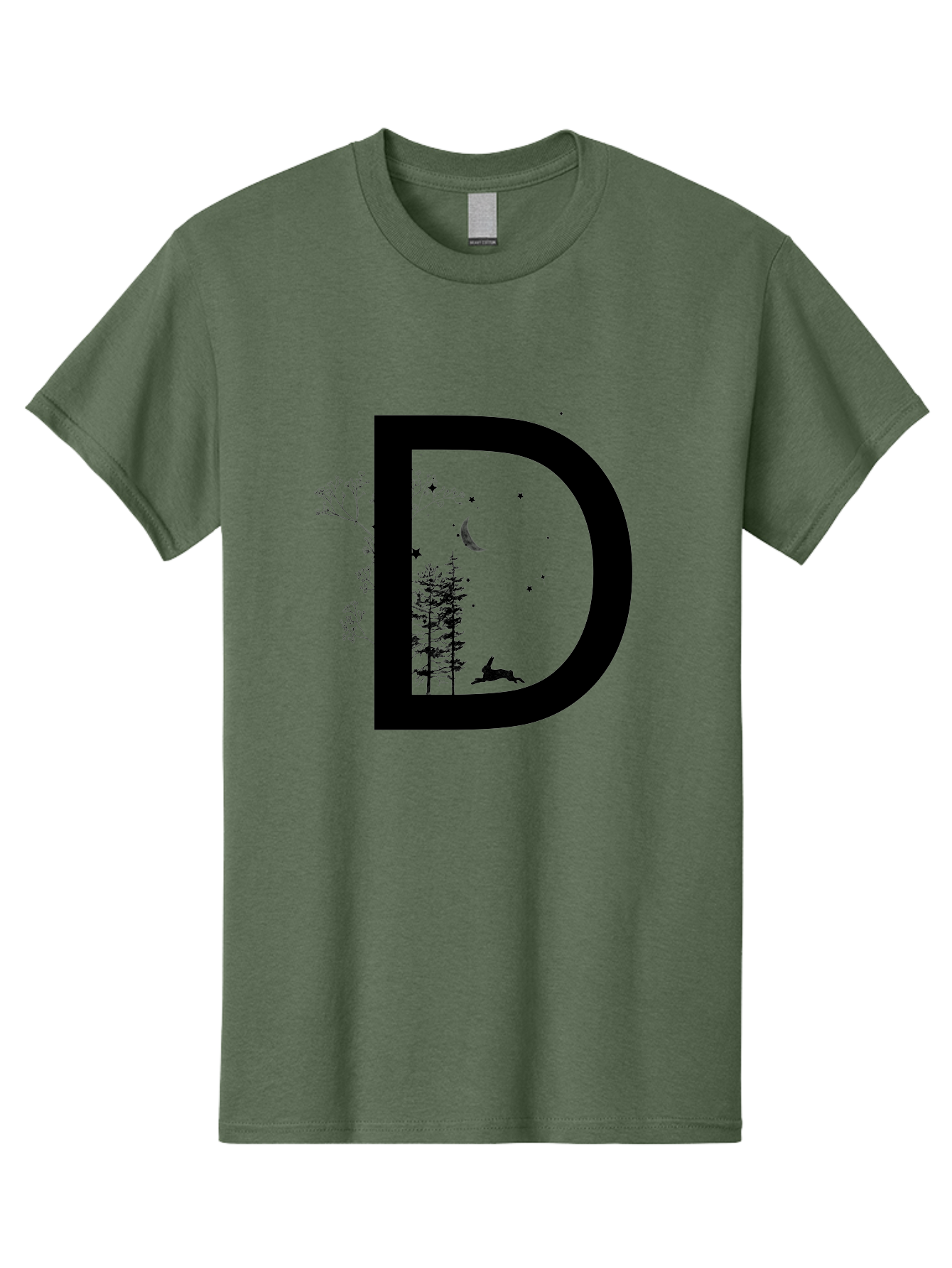 D Men'S Graphic Tee, 100% Cotton, Comfortable Casual Summer Wear, Machine Washable, Whimsical Letter D, Forest Silhouettes, Crescent Moon, Stars, Leaping Deer, Nighttime Scene, Dreamy Atmosphere, Typography Art, Mystical Elements, Aac300
