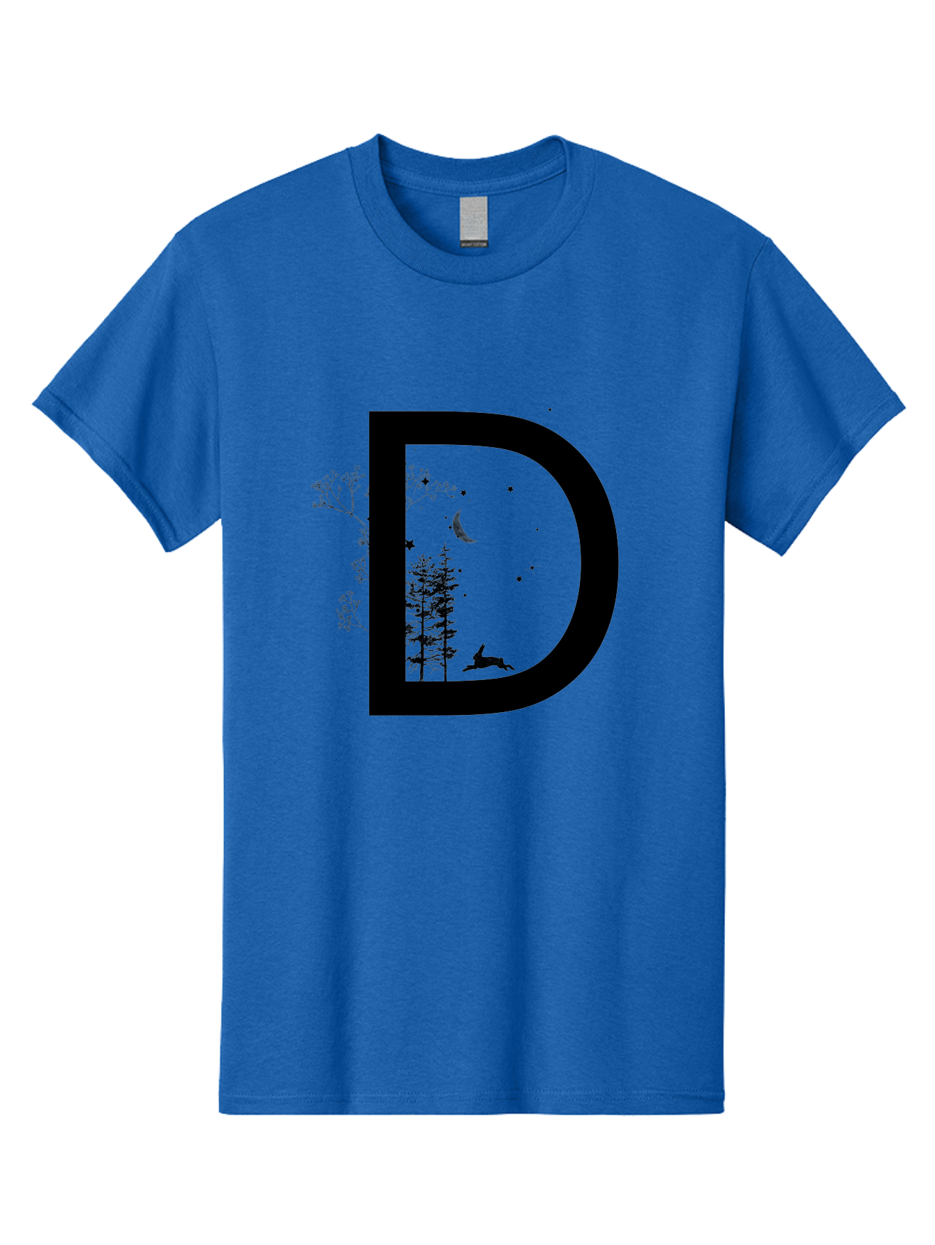 D Men'S Graphic Tee, 100% Cotton, Comfortable Casual Summer Wear, Machine Washable, Whimsical Letter D, Forest Silhouettes, Crescent Moon, Stars, Leaping Deer, Nighttime Scene, Dreamy Atmosphere, Typography Art, Mystical Elements, Aac300