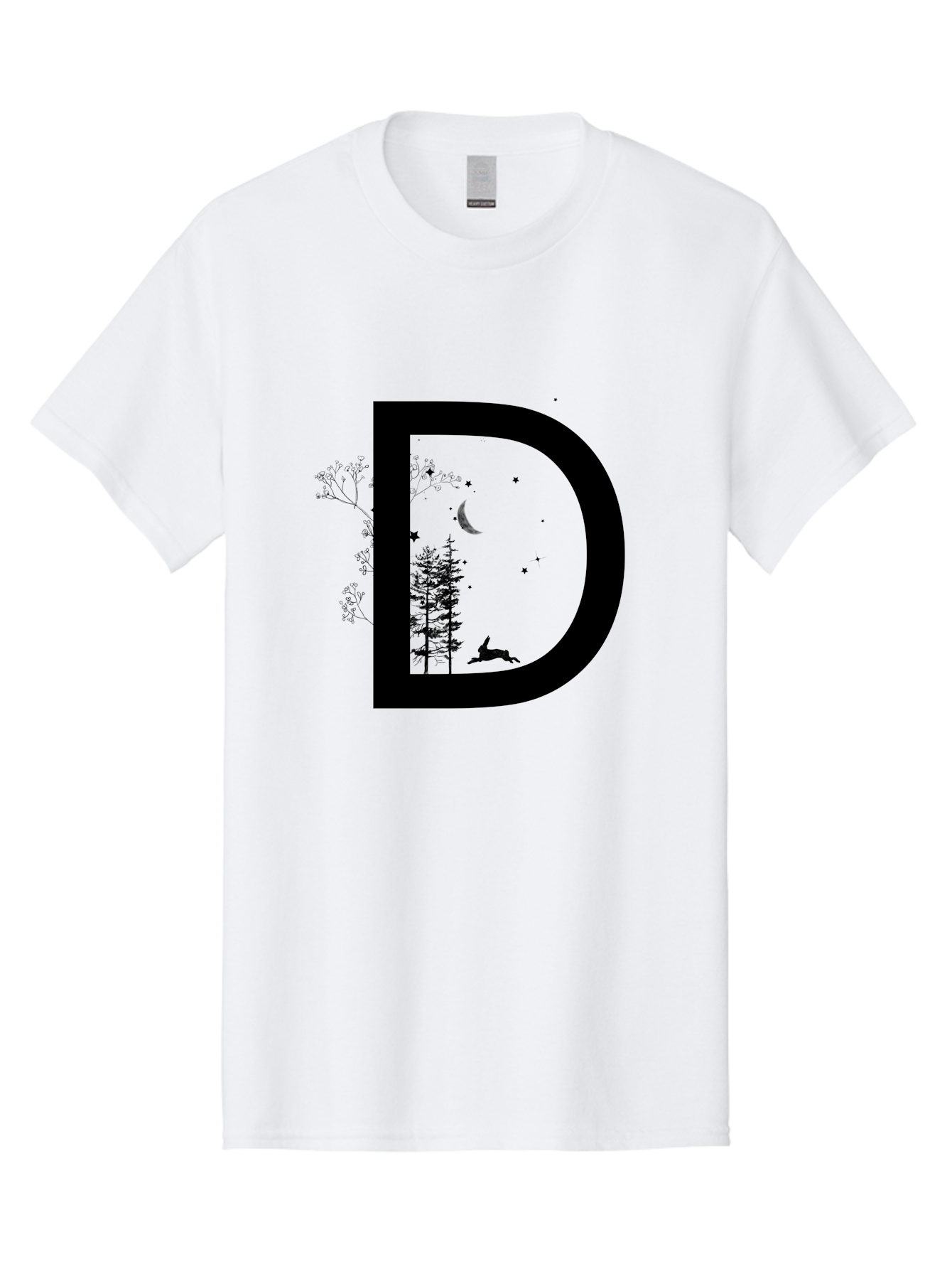 D Men'S Graphic Tee, 100% Cotton, Comfortable Casual Summer Wear, Machine Washable, Whimsical Letter D, Forest Silhouettes, Crescent Moon, Stars, Leaping Deer, Nighttime Scene, Dreamy Atmosphere, Typography Art, Mystical Elements, Aac300