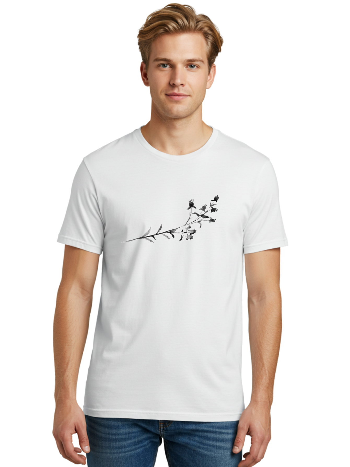 Delicate-Lavender-Sprig Men'S Graphic Tee, 100% Cotton, Comfortable Casual Summer Wear, Machine Washable, Delicate Flowers, Slender Stem, Botanical Illustration, Floral Design, Purple Blooms, Leafy Foliage, Artistic Rendering, Digital Art Aac303