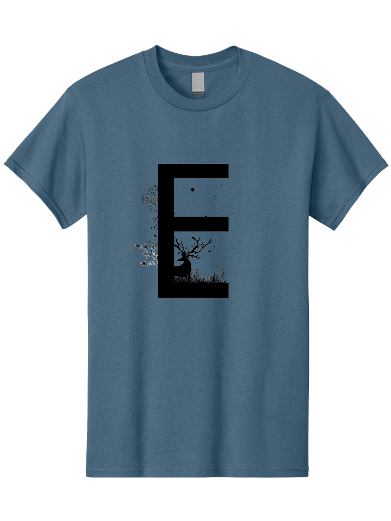E Men'S Graphic Tee, 100% Cotton, Comfortable Casual Summer Wear, Machine Washable, Large Letter E, Tree Silhouettes, Floral Elements, Nature-Inspired Design, Creative Typography, Artistic Lettering, Botanical Art, Whimsical Style, Aac304