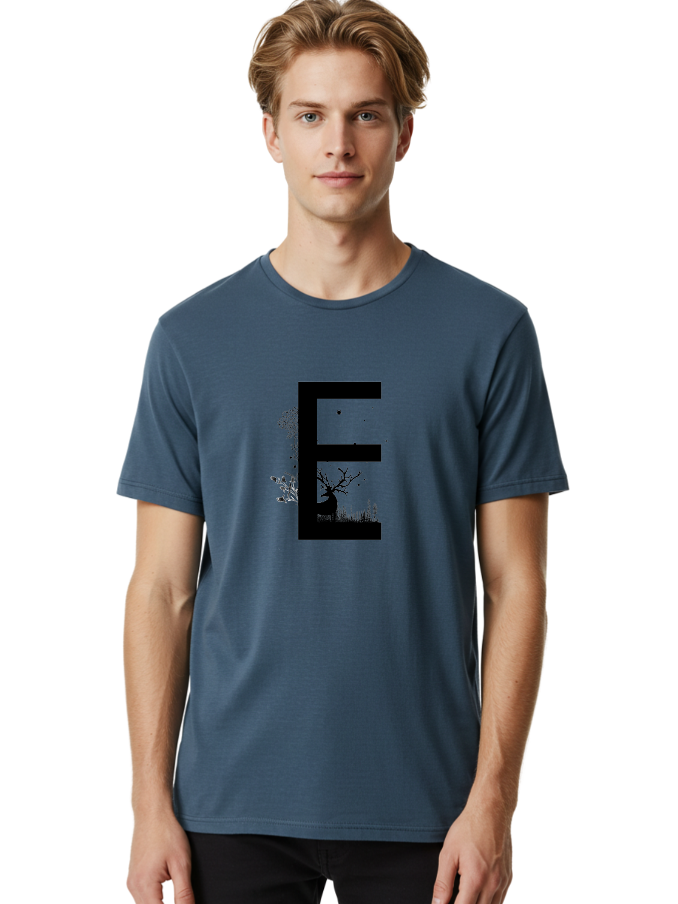 E Men'S Graphic Tee, 100% Cotton, Comfortable Casual Summer Wear, Machine Washable, Large Letter E, Tree Silhouettes, Floral Elements, Nature-Inspired Design, Creative Typography, Artistic Lettering, Botanical Art, Whimsical Style, Aac304