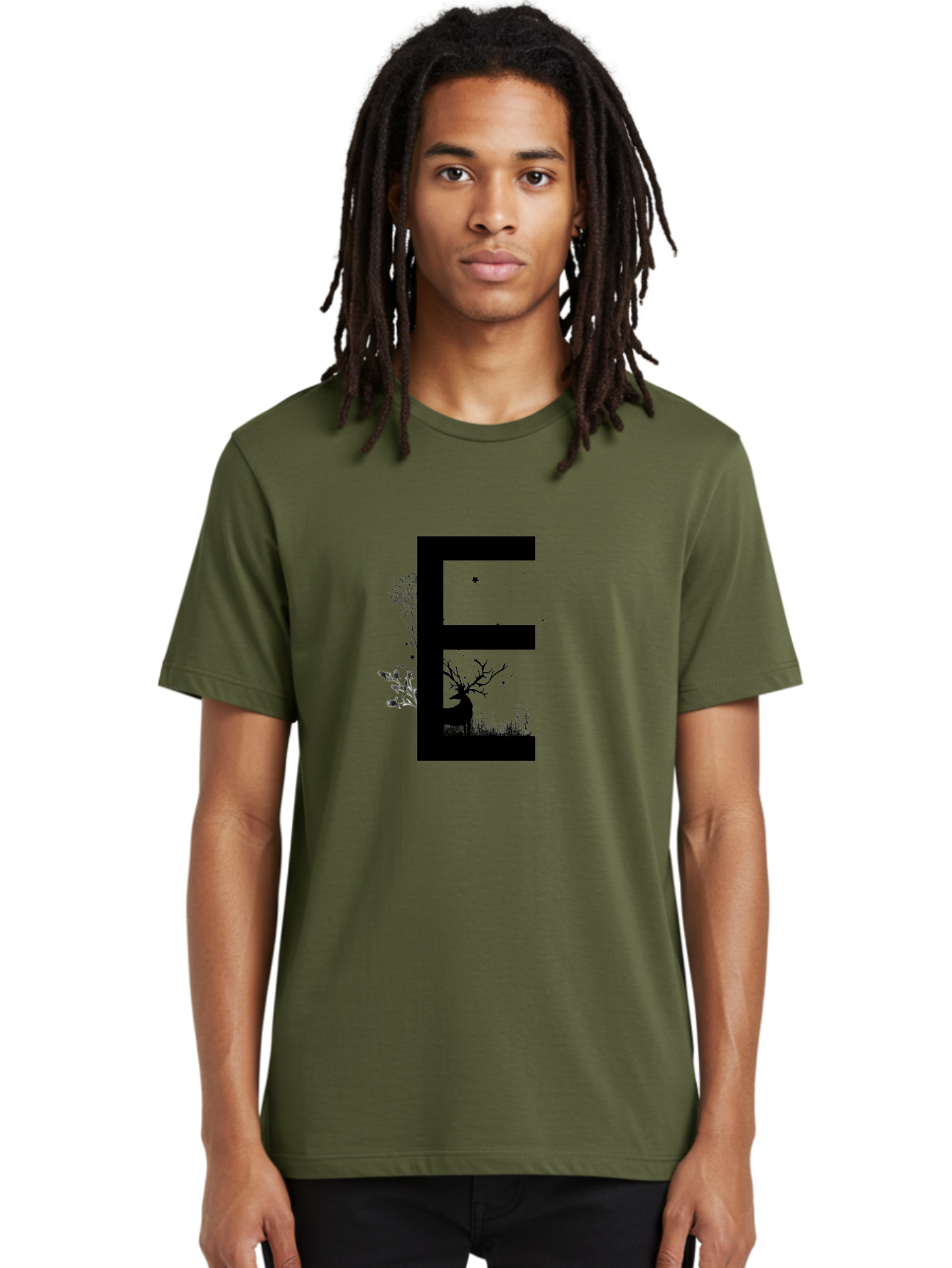 E Men'S Graphic Tee, 100% Cotton, Comfortable Casual Summer Wear, Machine Washable, Large Letter E, Tree Silhouettes, Floral Elements, Nature-Inspired Design, Creative Typography, Artistic Lettering, Botanical Art, Whimsical Style, Aac304