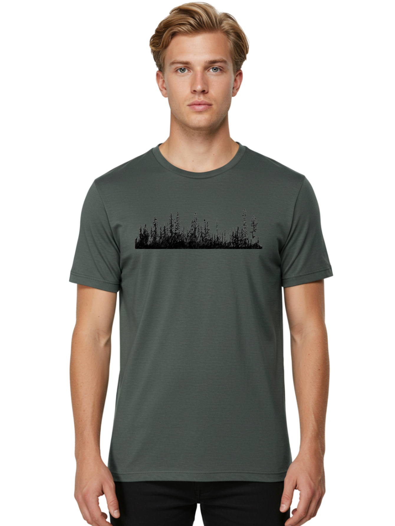 Evergreen-Silhouettes Men'S Graphic Tee, 100% Cotton, Comfortable Casual Summer Wear, Machine Washable, Silhouetted Trees, Evergreen Forest, Pine Tree Landscape, Dark Foliage, Mysterious Ambiance, Scenic Edge, Nature Illustration, Forest Scene Aac305