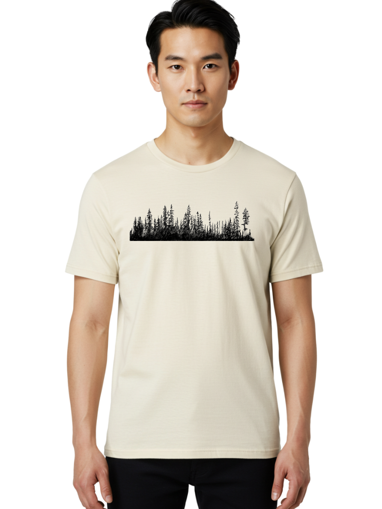 Evergreen-Silhouettes Men'S Graphic Tee, 100% Cotton, Comfortable Casual Summer Wear, Machine Washable, Silhouetted Trees, Evergreen Forest, Pine Tree Landscape, Dark Foliage, Mysterious Ambiance, Scenic Edge, Nature Illustration, Forest Scene Aac305