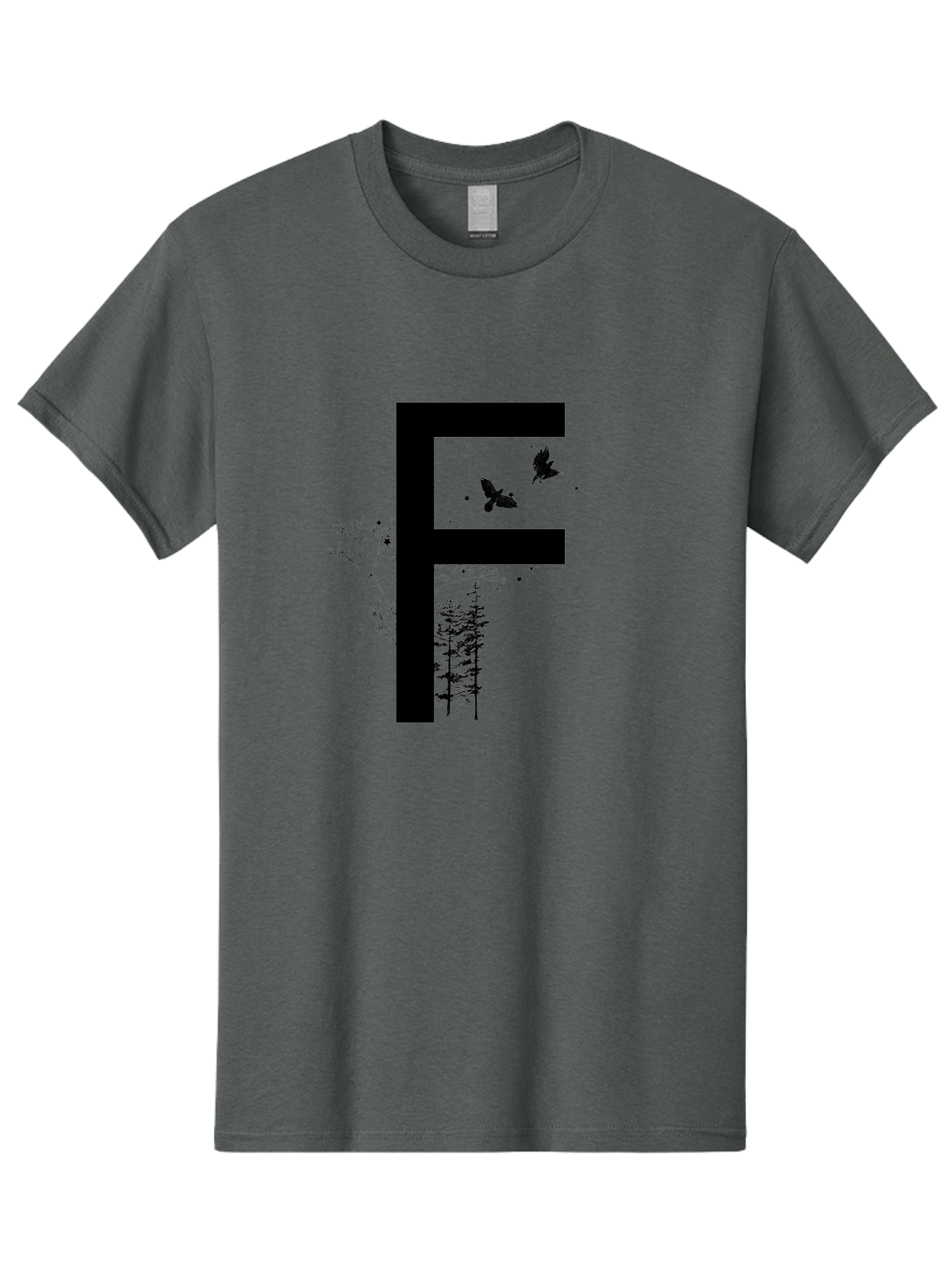 F Men'S Graphic Tee, 100% Cotton, Comfortable Casual Summer Wear, Machine Washable, Stylized Letter F, Black Typography, Nature Elements, Flowers, Trees, Birds In Flight, Natural Scenery, Forest Landscape, Artistic Design, Creative Typography Aac306