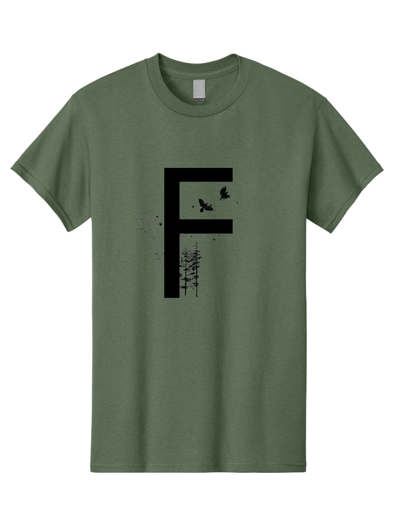 F Men'S Graphic Tee, 100% Cotton, Comfortable Casual Summer Wear, Machine Washable, Stylized Letter F, Black Typography, Nature Elements, Flowers, Trees, Birds In Flight, Natural Scenery, Forest Landscape, Artistic Design, Creative Typography Aac306