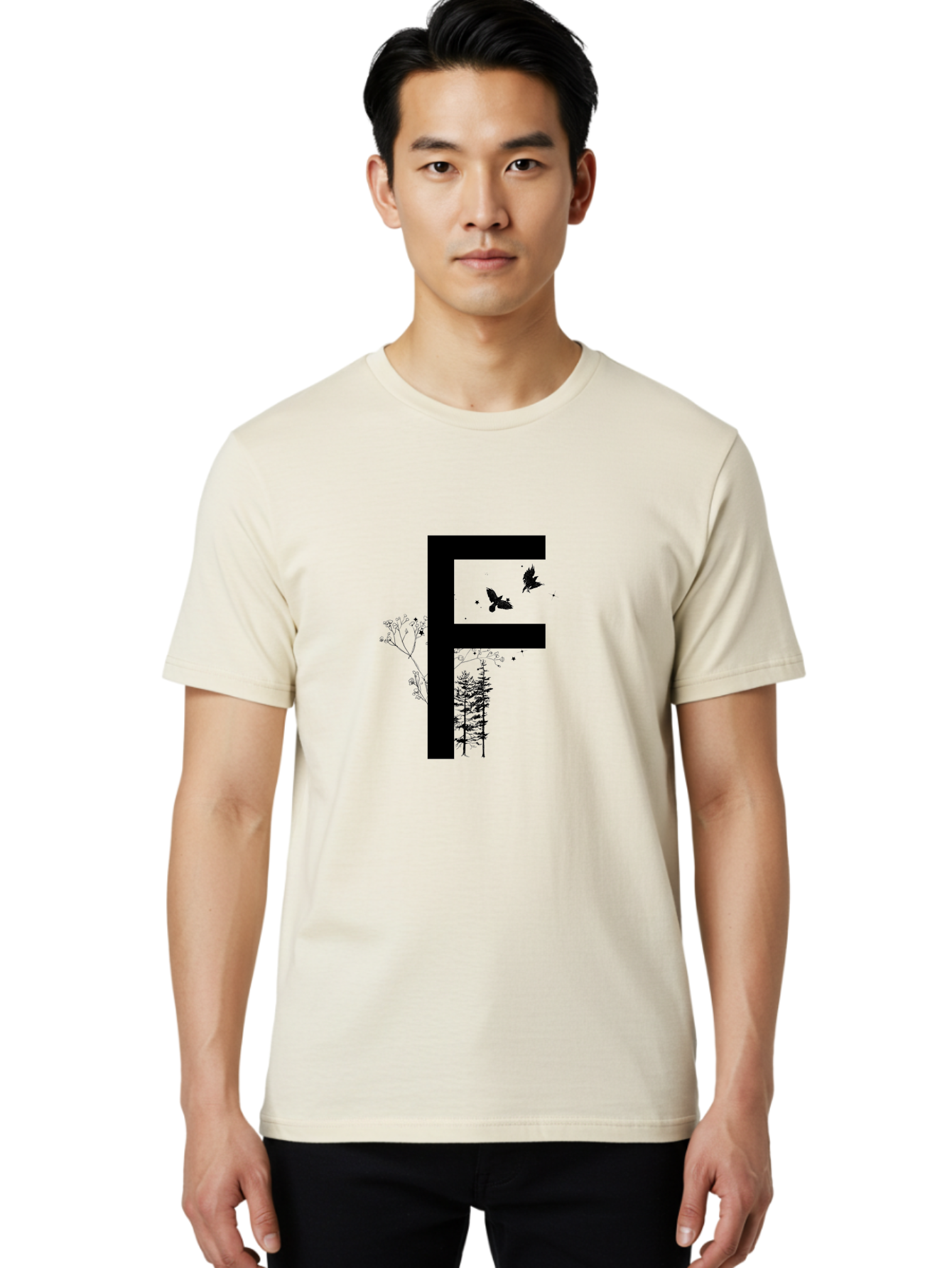 F Men'S Graphic Tee, 100% Cotton, Comfortable Casual Summer Wear, Machine Washable, Stylized Letter F, Black Typography, Nature Elements, Flowers, Trees, Birds In Flight, Natural Scenery, Forest Landscape, Artistic Design, Creative Typography Aac306