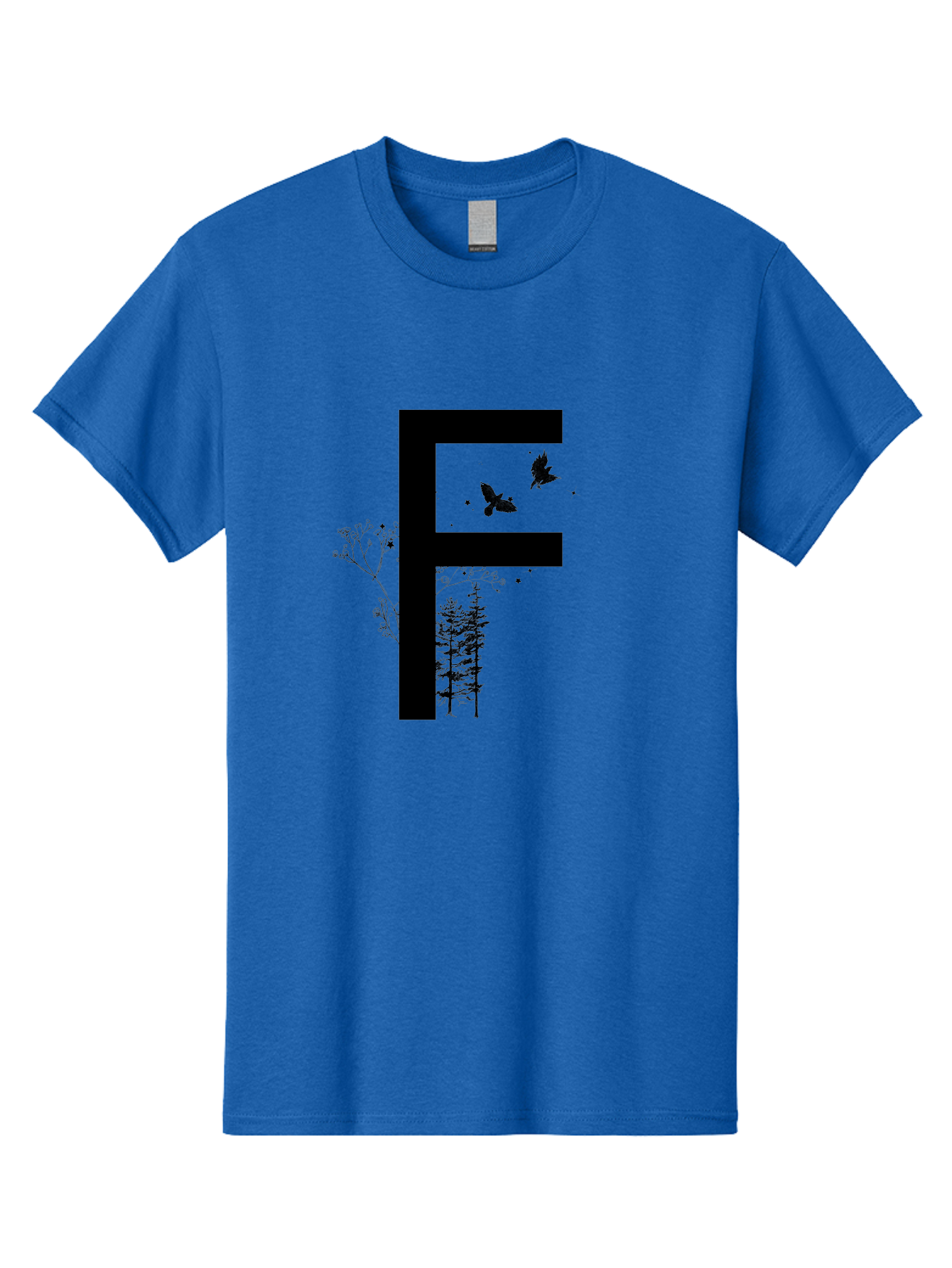 F Men'S Graphic Tee, 100% Cotton, Comfortable Casual Summer Wear, Machine Washable, Stylized Letter F, Black Typography, Nature Elements, Flowers, Trees, Birds In Flight, Natural Scenery, Forest Landscape, Artistic Design, Creative Typography Aac306