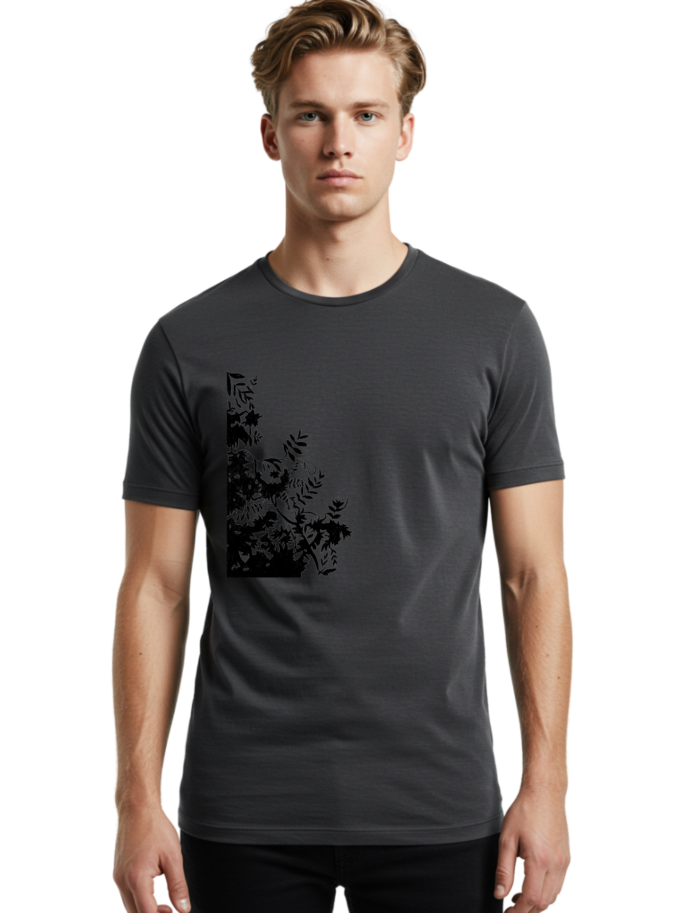 Floral-Silhouette Men'S Graphic Tee, 100% Cotton, Comfortable Casual Summer Wear, Machine Washable, Floral Silhouette, Black Leaves, Twisted Stems, Floral Arrangement, Botanical Design, Delicate Patterns, Intricate Details, Elegant Graphics Aac308
