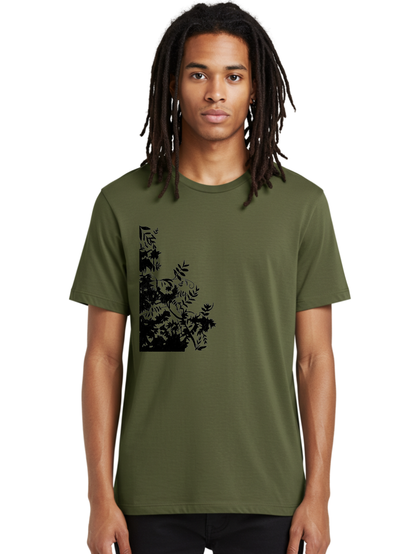 Floral-Silhouette Men'S Graphic Tee, 100% Cotton, Comfortable Casual Summer Wear, Machine Washable, Floral Silhouette, Black Leaves, Twisted Stems, Floral Arrangement, Botanical Design, Delicate Patterns, Intricate Details, Elegant Graphics Aac308