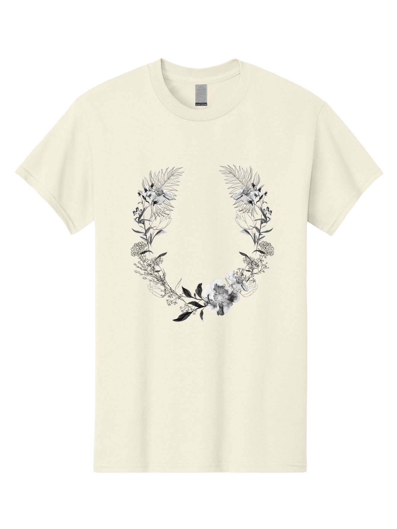 Floral-Wreath-2 Men'S Graphic Tee, 100% Cotton, Comfortable Casual Summer Wear, Machine Washable, Floral Wreath, Flowers And Leaves, Black And White Illustration, Delicate Botanicals, Floral Arrangement, Vintage Style, Elegant Design, Aac310