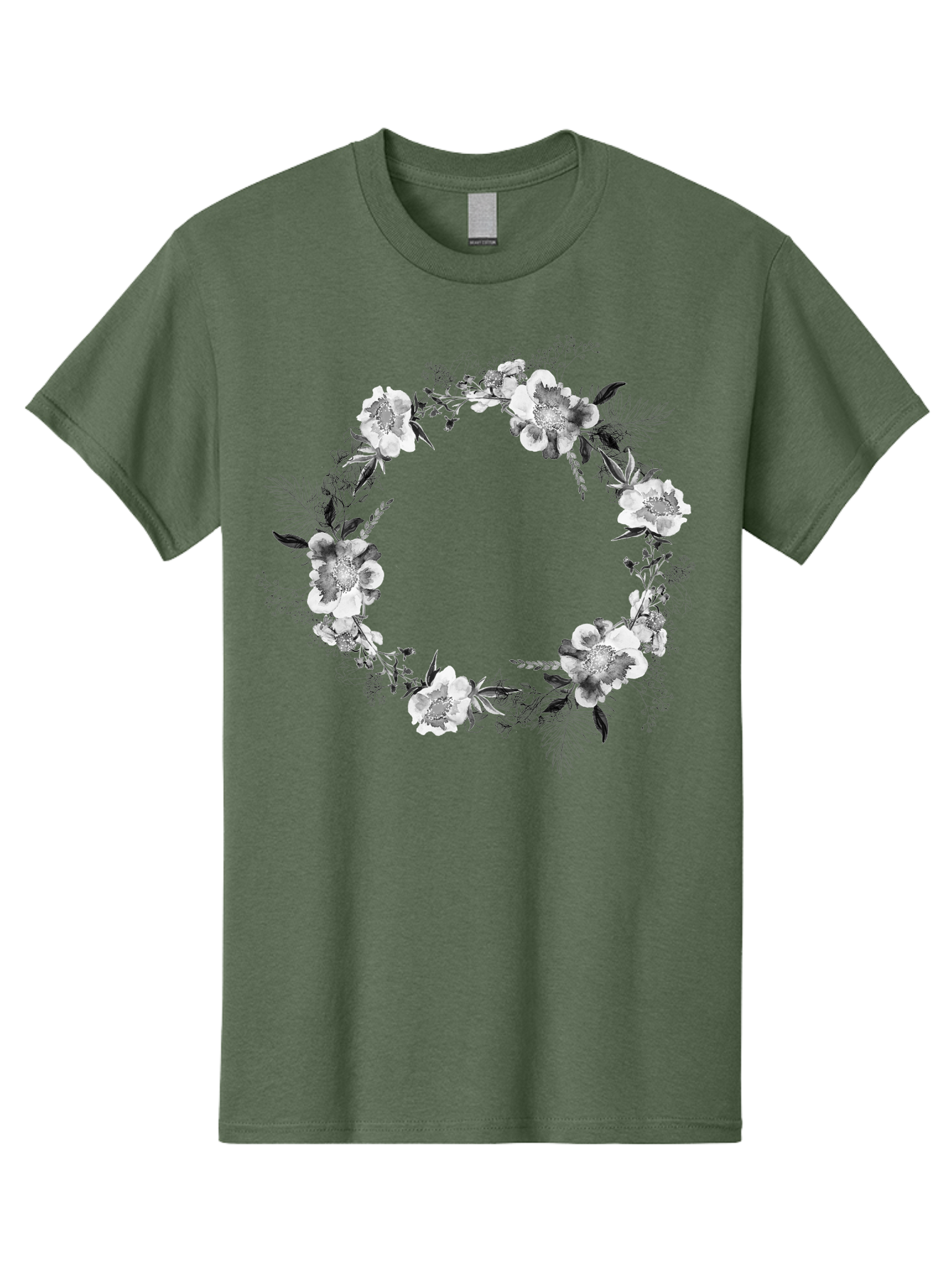 Floral-Wreath Men'S Graphic Tee, 100% Cotton, Comfortable Casual Summer Wear, Machine Washable, Floral Wreath, White Flowers, Black And White Flowers, Foliage, Leaves, Floral Arrangement, Circular Frame, Elegant Design, Delicate Petals, Aac311
