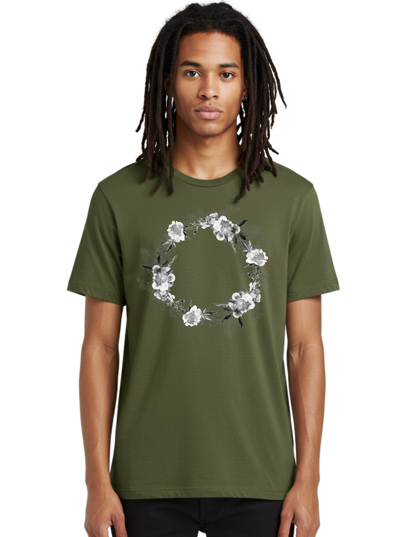 Floral-Wreath Men'S Graphic Tee, 100% Cotton, Comfortable Casual Summer Wear, Machine Washable, Floral Wreath, White Flowers, Black And White Flowers, Foliage, Leaves, Floral Arrangement, Circular Frame, Elegant Design, Delicate Petals, Aac311