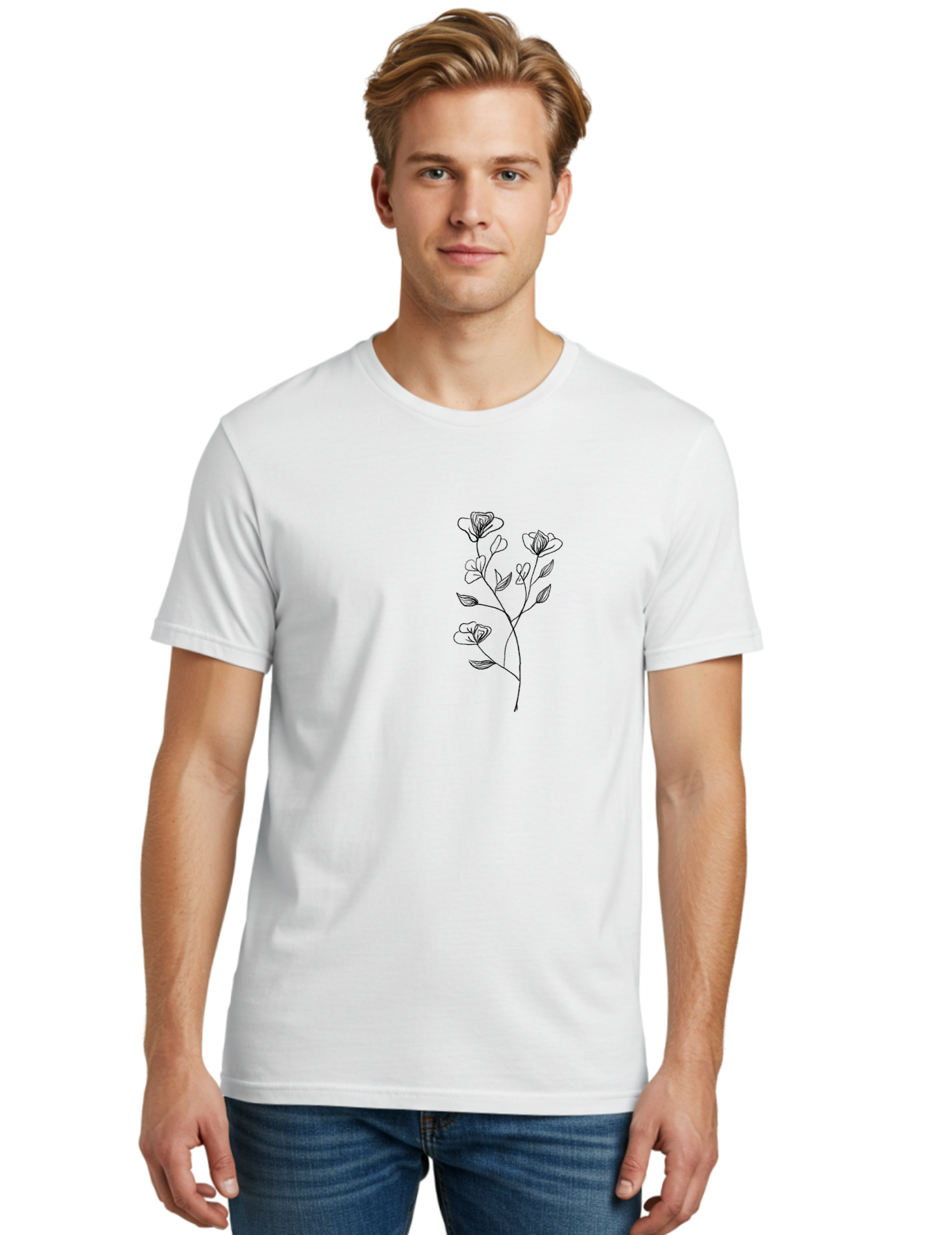Flowers Men'S Graphic Tee, 100% Cotton, Comfortable Casual Summer Wear, Machine Washable, Simple Flowers, Line Art, Minimalist Design, Botanical Illustration, Delicate Petals, Elegant Stem, Artistic Expression, Floral Art Aac313