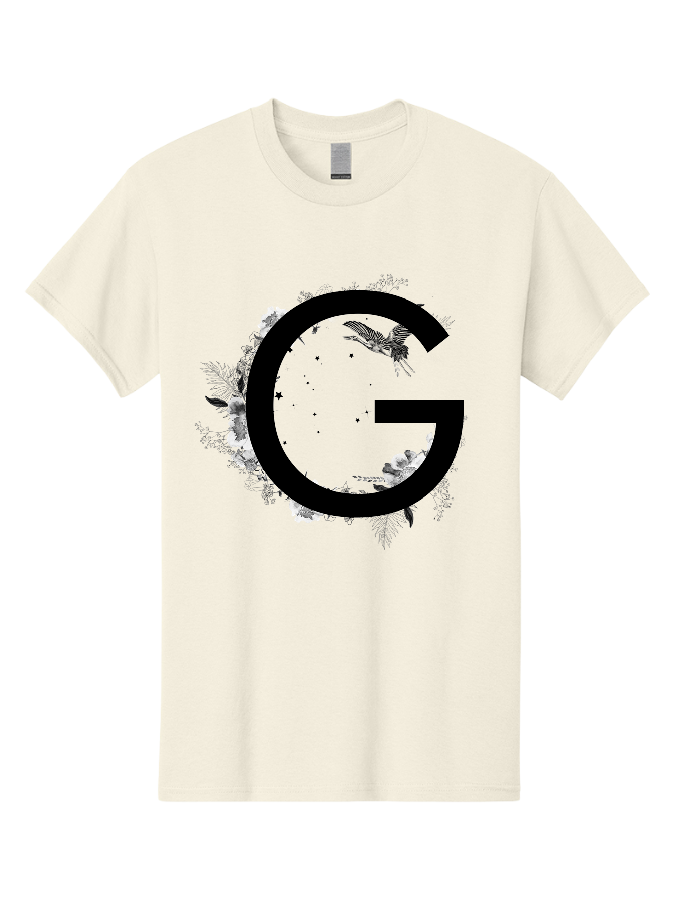 G Men'S Graphic Tee, 100% Cotton, Comfortable Casual Summer Wear, Machine Washable, Large Letter G, Floral Wreath, Black And White Flowers, Foliage, Bird In Flight, Splattered Paint, Modern Typography, Bold Font, Artistic Design, Aac318